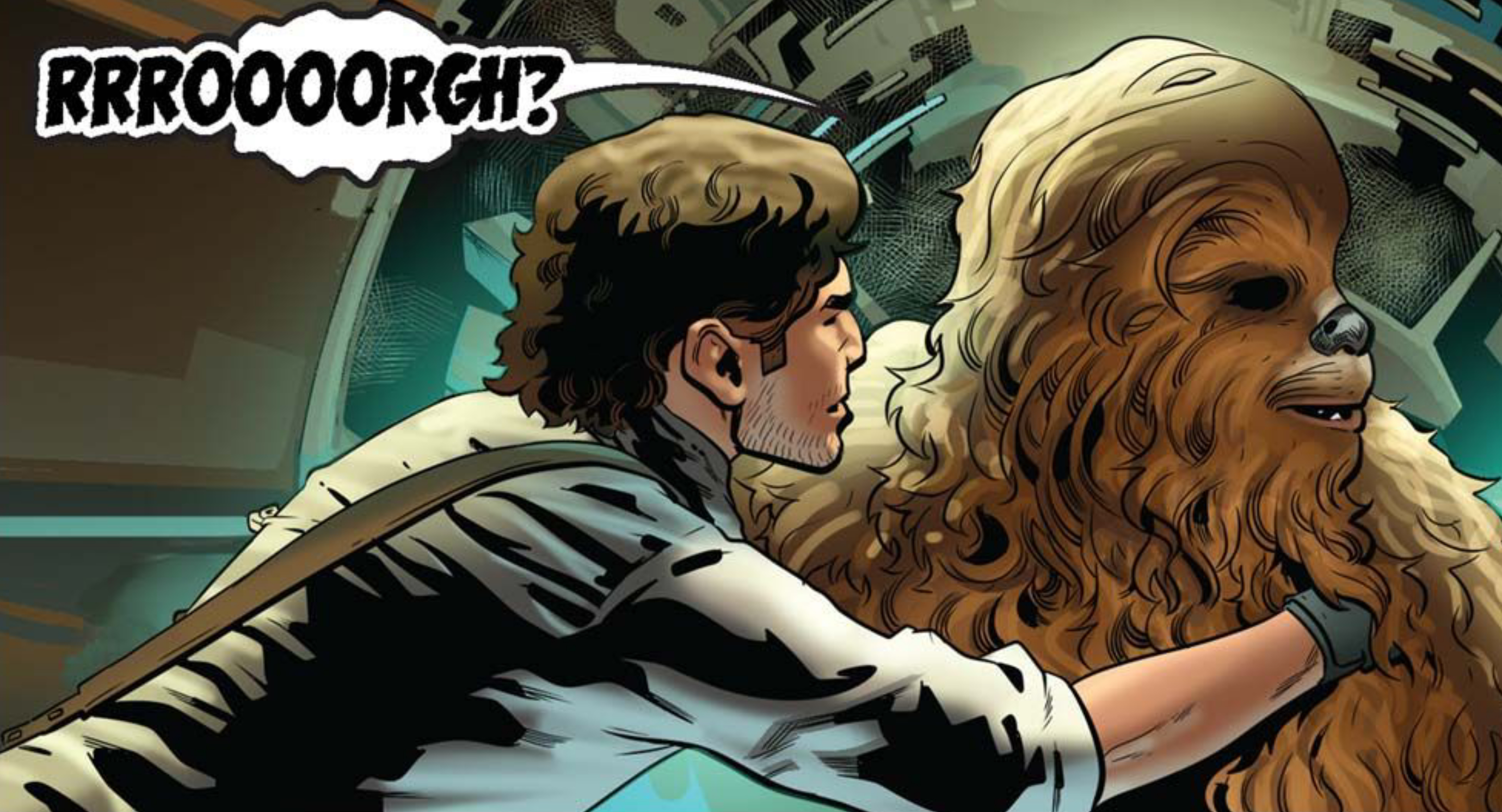Han Solo & Chewbacca in a Star Wars comic panel: "Rrroooorgh?"