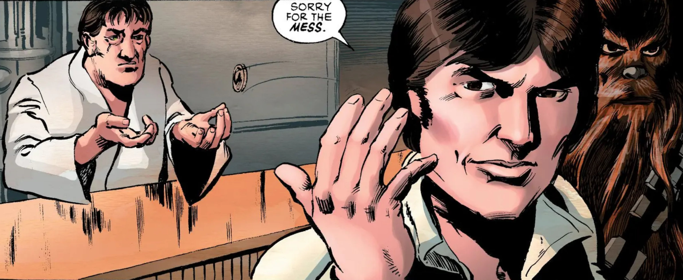 Han Solo & Chewbacca in a Star Wars comic panel: "Sorry for the mess."