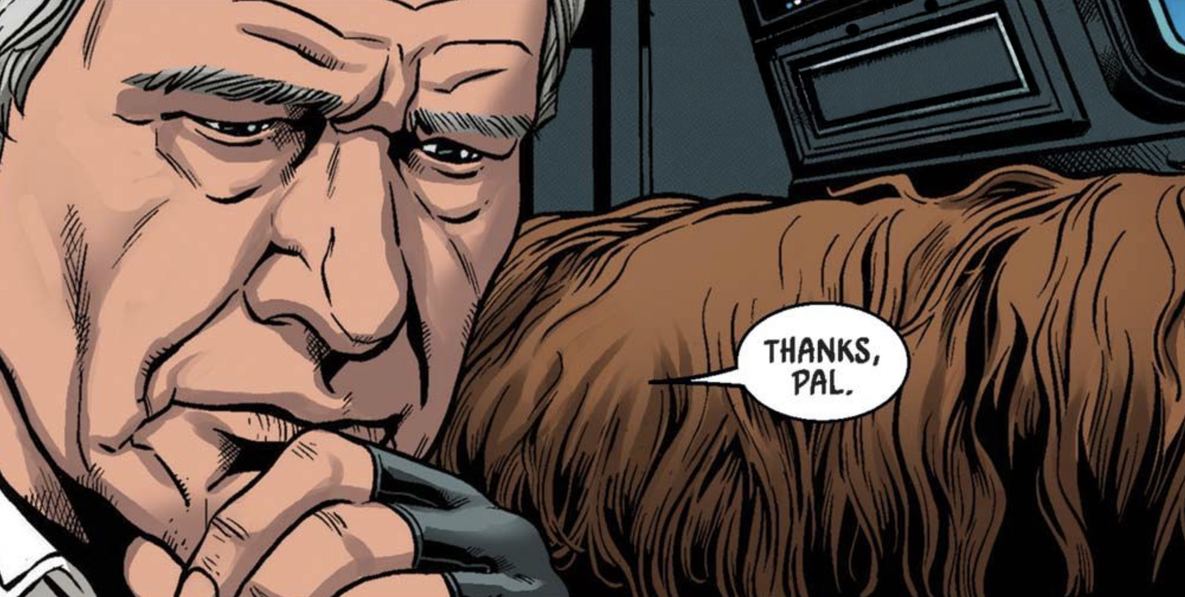 Han Solo & Chewbacca in a Star Wars comic panel: "Thanks, pal."