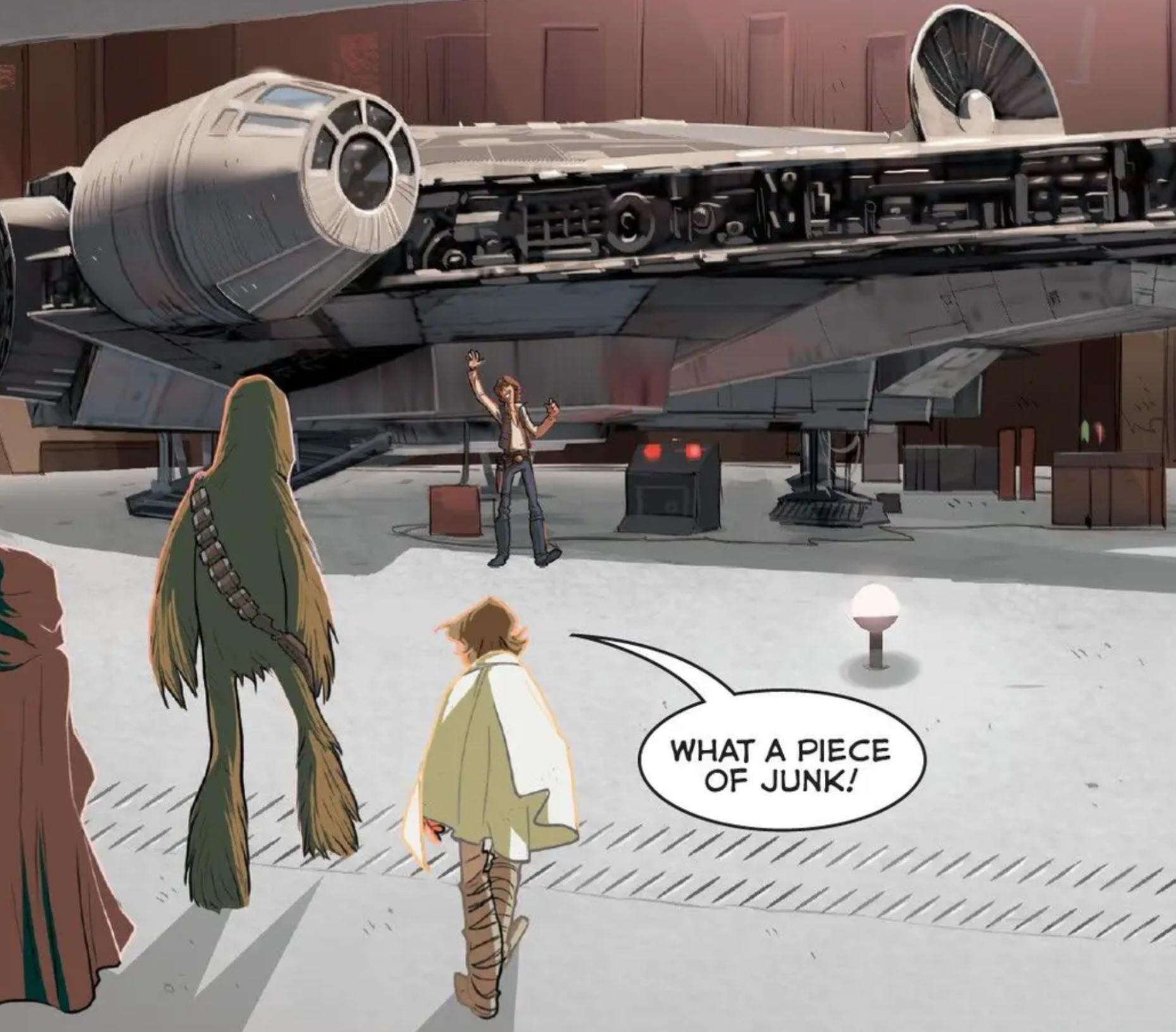 Luke Skywalker & Han Solo in a Star Wars comic panel: "What a piece of junk!"