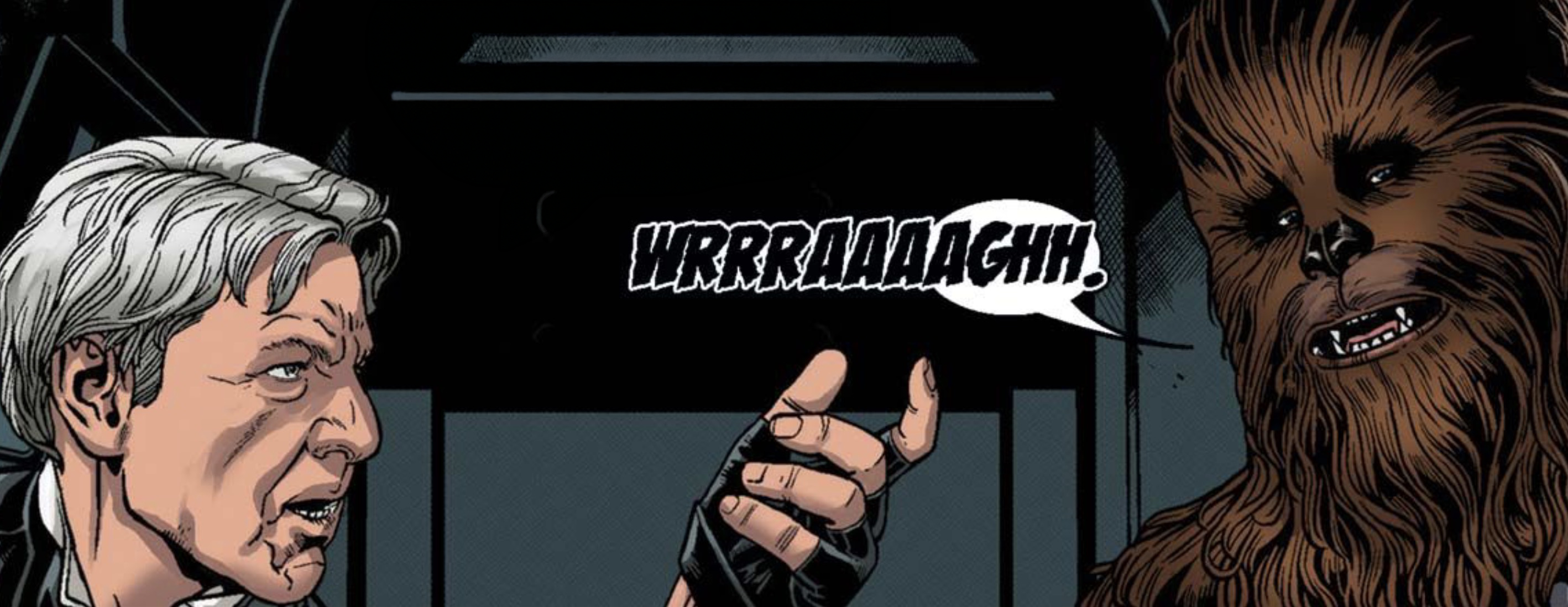 Han Solo & Chewbacca in a Star Wars comic panel: "WRRRAAADAGHH."