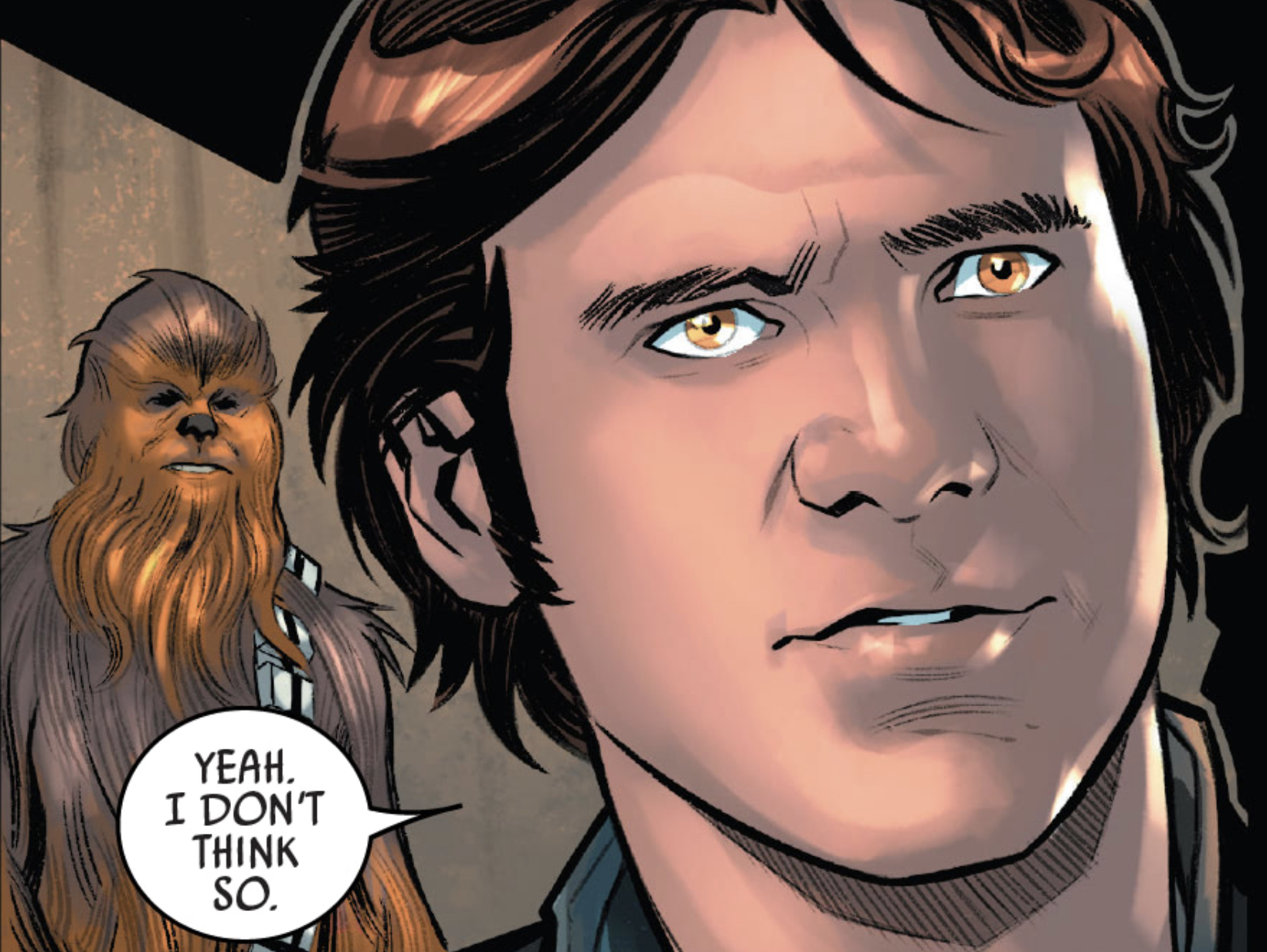 Han Solo & Chewbacca in a Star Wars comic panel: "Yeah. I don't think so."