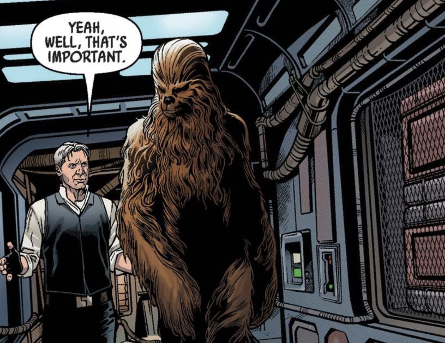 Han Solo & Chewbacca in a Star Wars comic panel: "Yeah, well, that's important."