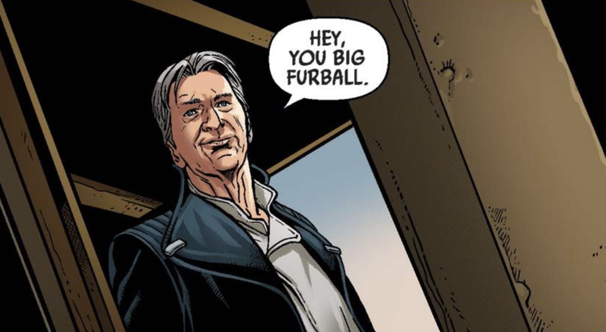 Han Solo in a Star Wars comic panel: "Hey, you big furball."