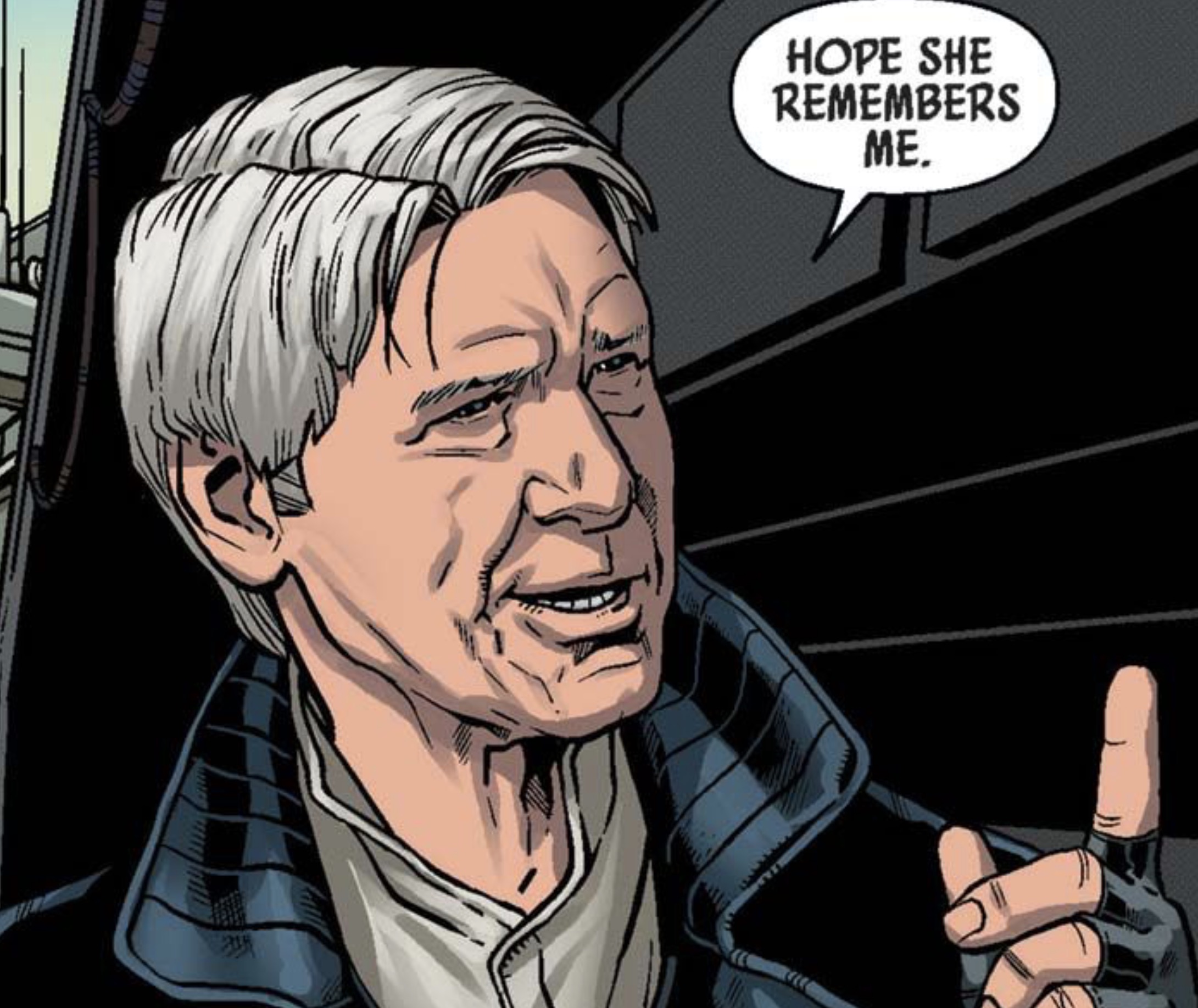 Han Solo in a Star Wars comic panel: "Hope she remembers me."