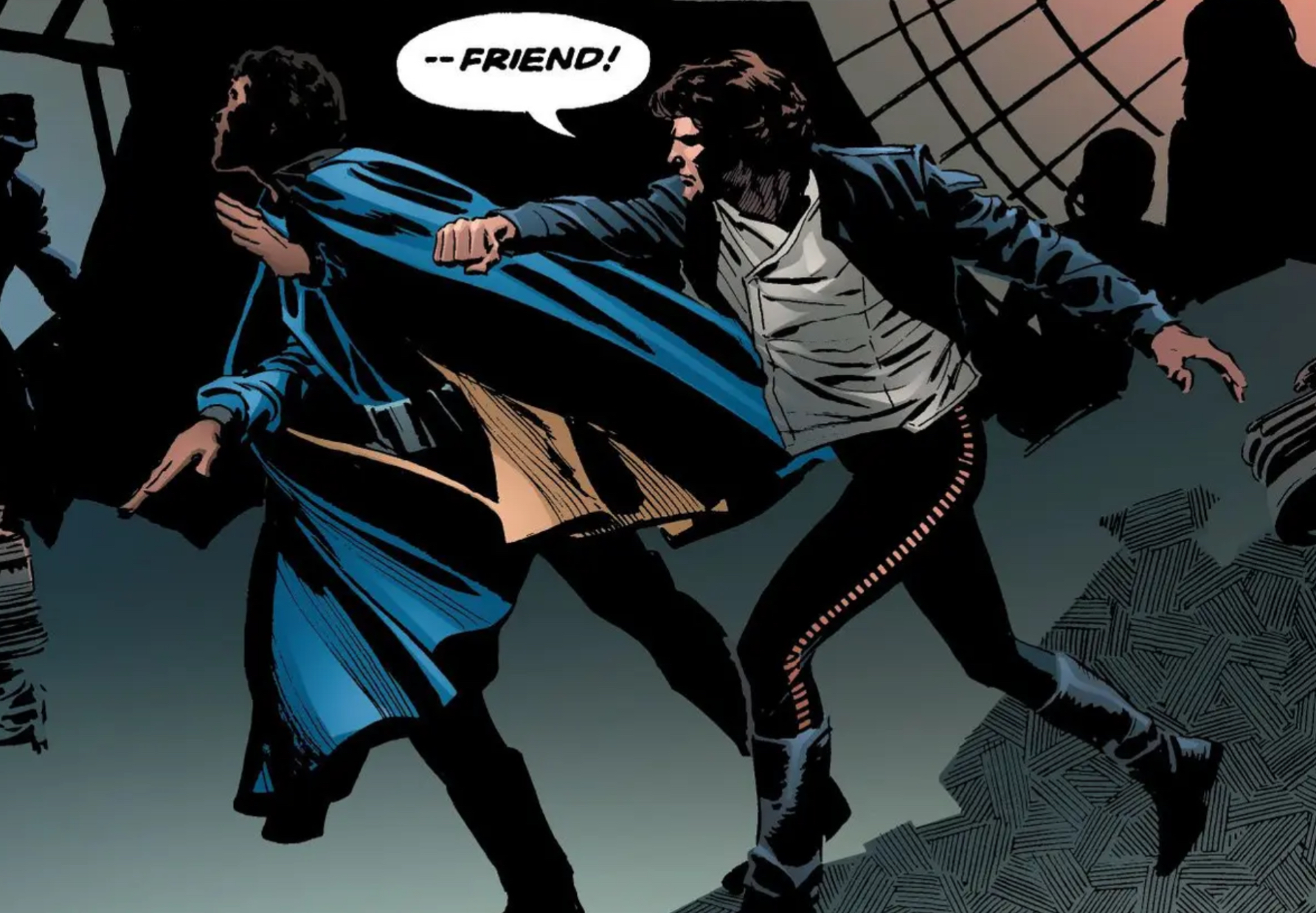 Han Solo & Lando Calrissian in a Star Wars comic panel: "Friend!"