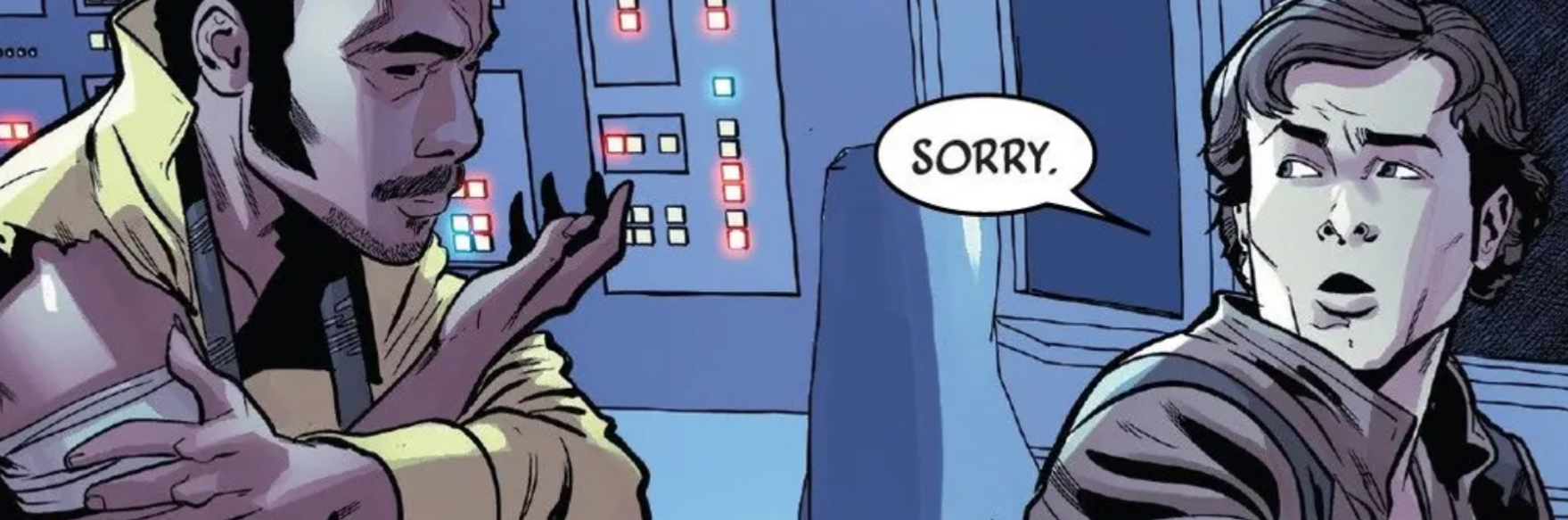 Lando Calrissian & Han Solo in a Star Wars comic panel: "Sorry."