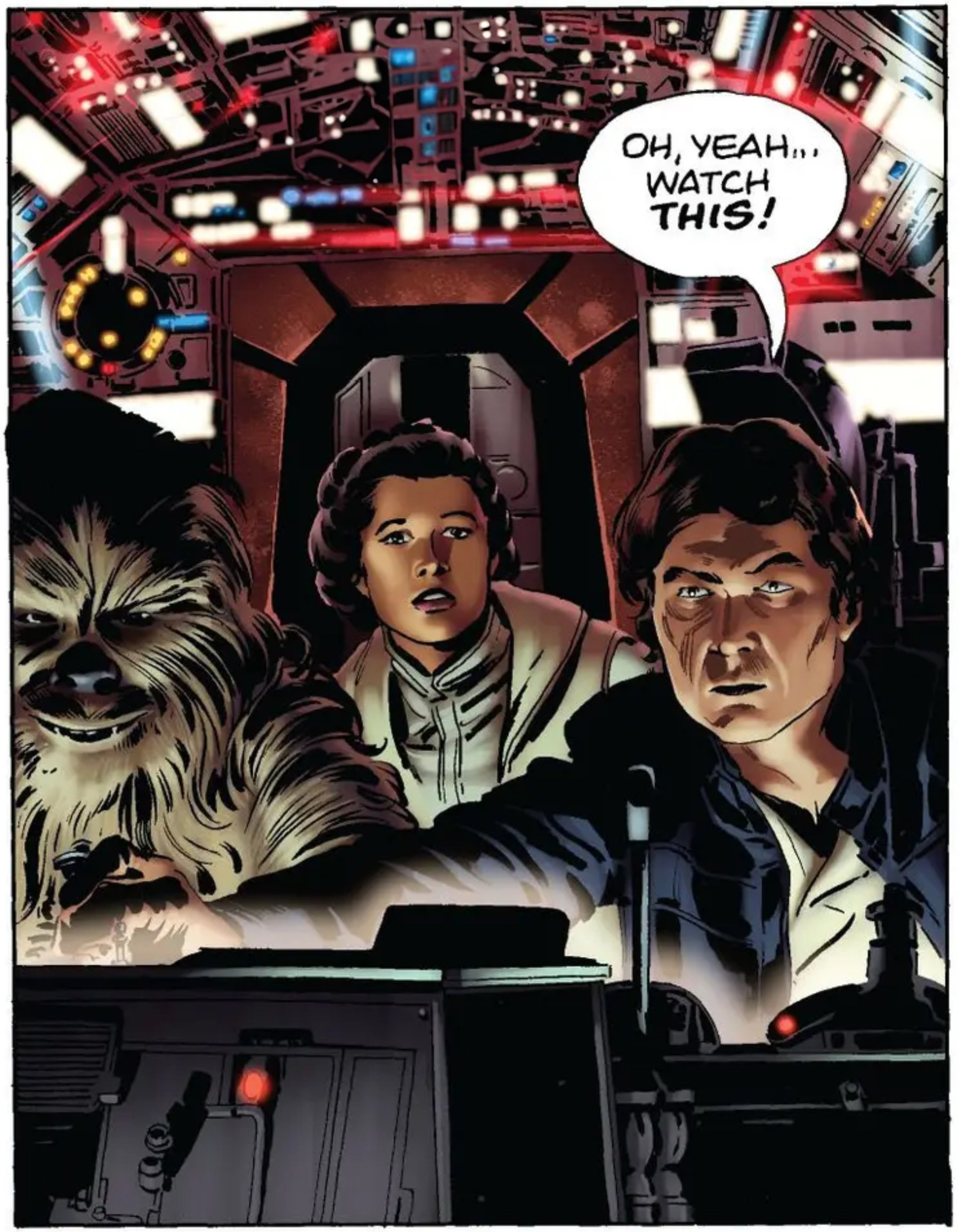 Han Solo & Leia Organa in a Star Wars comic panel: "Oh, yeah... watch this!"