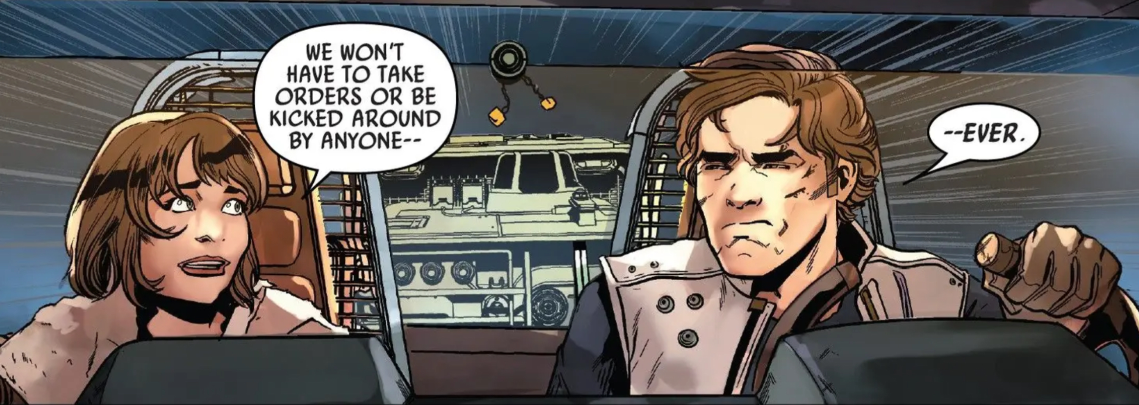 Han Solo & Qi'ra in a Star Wars comic panel: "We won't have to take orders or be kicked around by anyone ever."