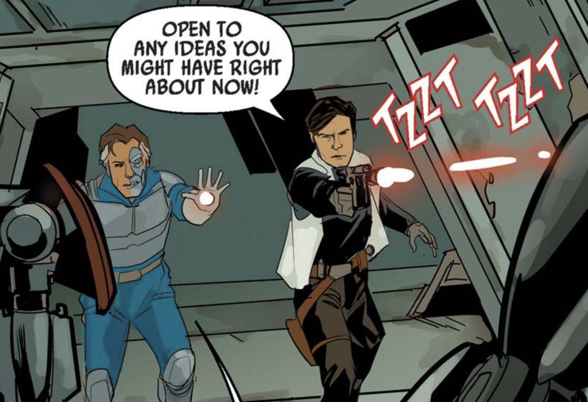 Han Solo & Beilert Valance in a Star Wars comic panel: "Open to any ideas you might have right about now!"