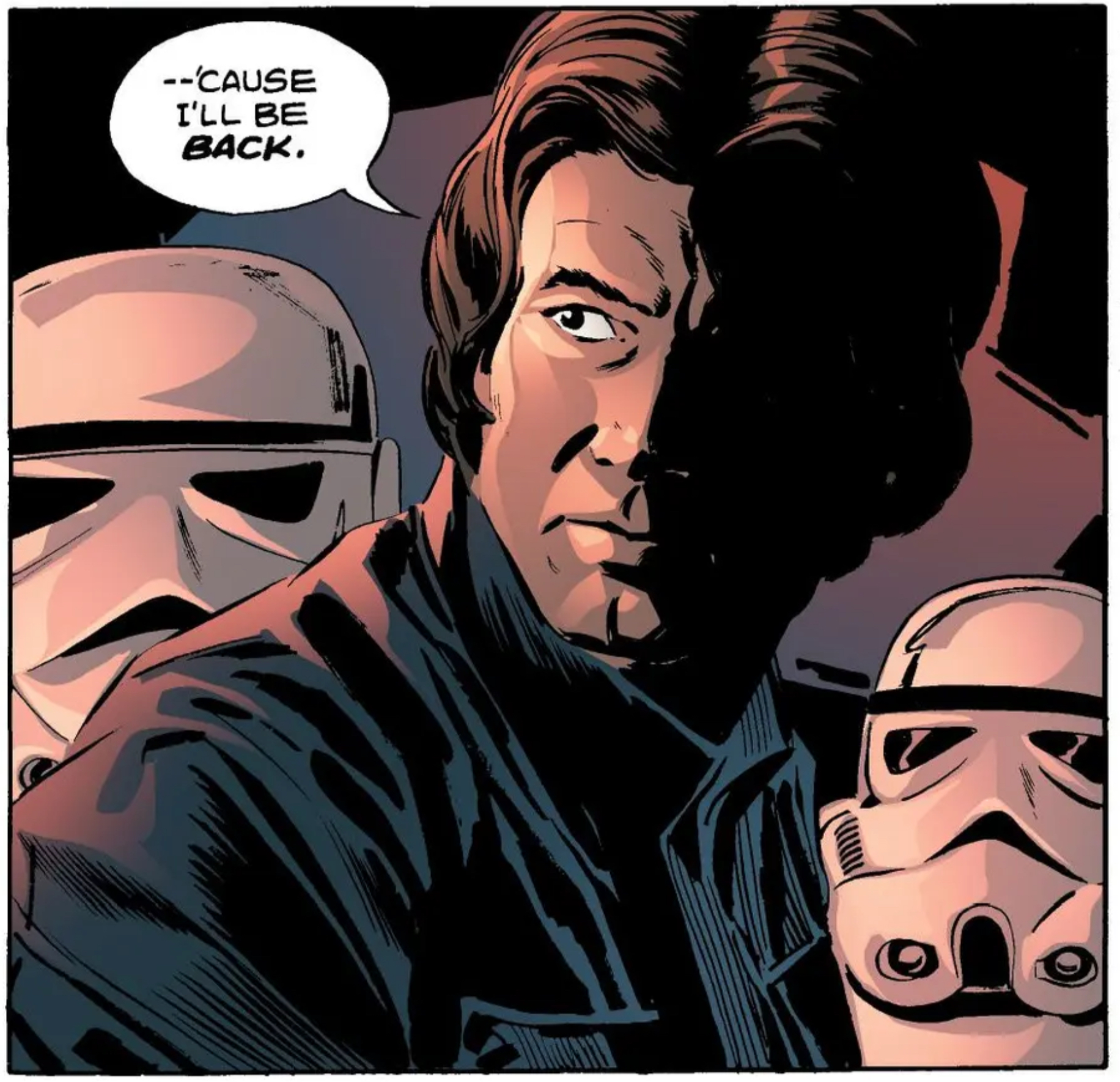 Han Solo in a Star Wars comic panel: "Cause I'll be back."