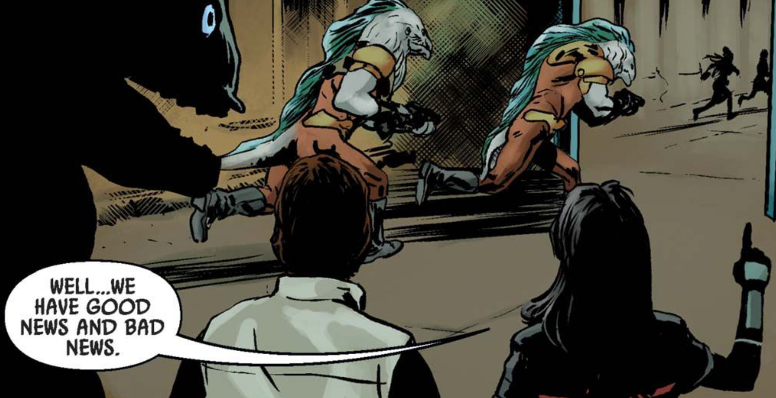 Han Solo & Doctor Aphra in a Star Wars comic panel: "Well... We have good news and bad news."