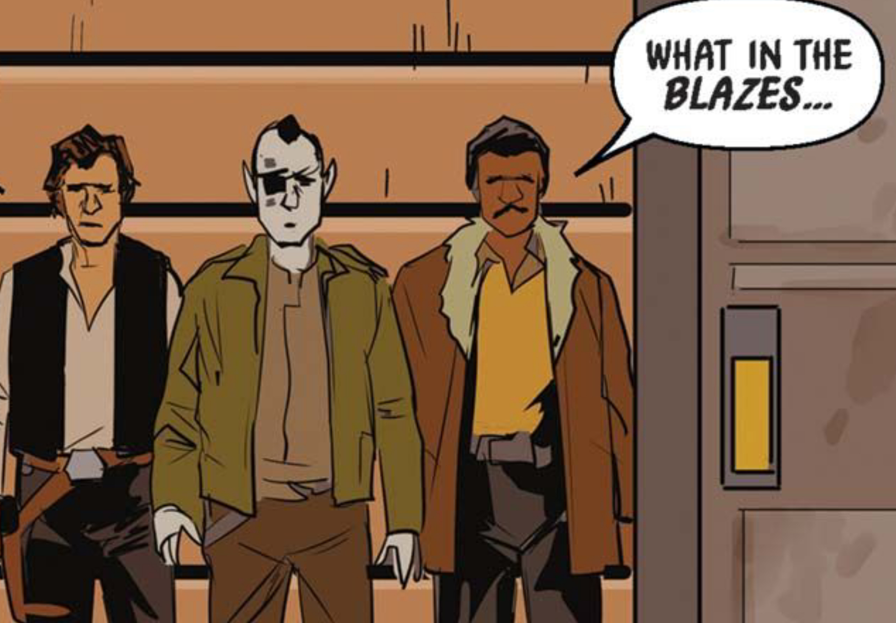 Han Solo & Lando Calrissian in a Star Wars comic panel: "What in the blazes..."