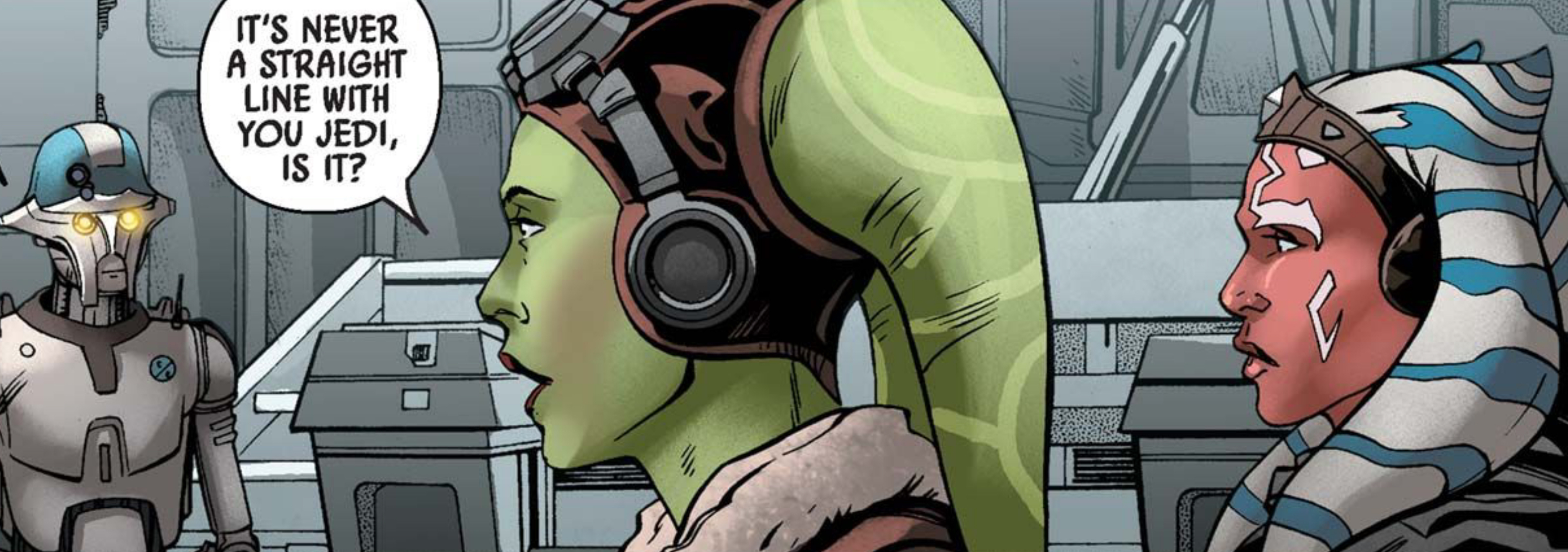 Hera Syndulla & Ahsoka Tano in a Star Wars comic panel: "It's never a straight line with you Jedi, is it?"