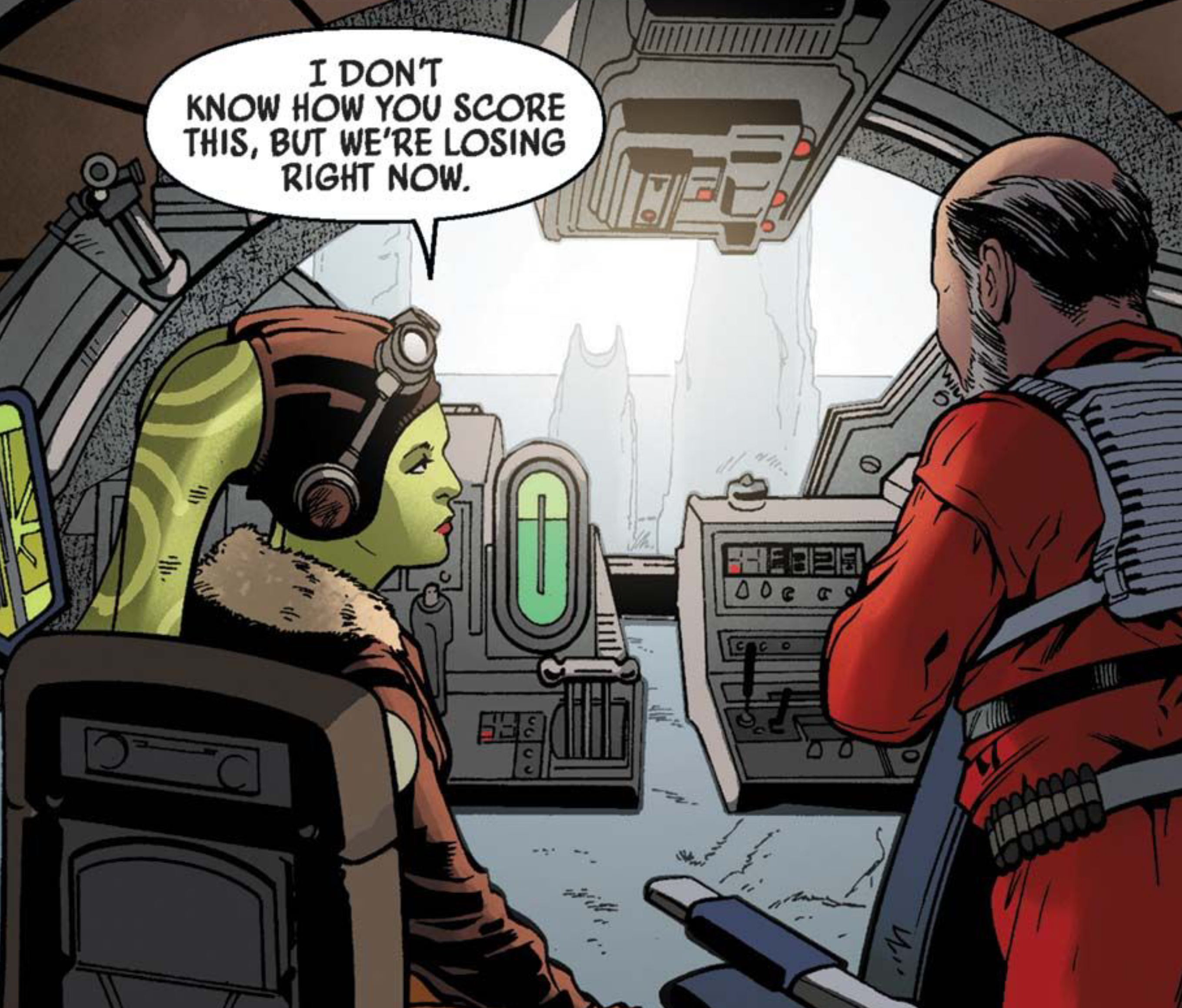 Hera Syndulla in a Star Wars comic panel: "I don't know how you score this, but we're losing right now."