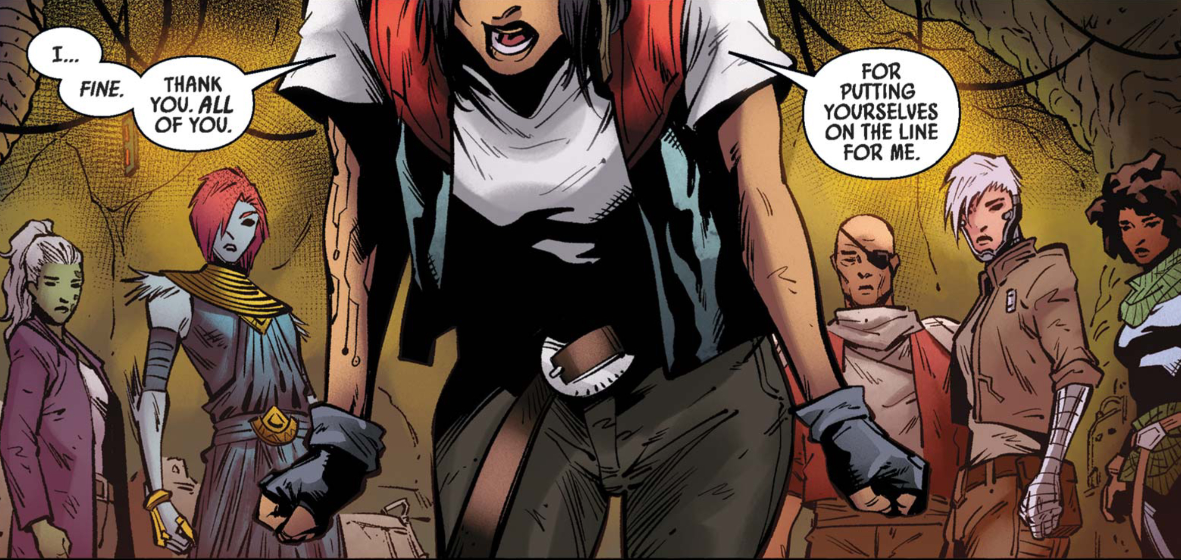 Doctor Aphra & Kho Phon Farrus in a Star Wars comic panel: "I... Fine. Thank you. All of you. For putting yourselves on the line for me."