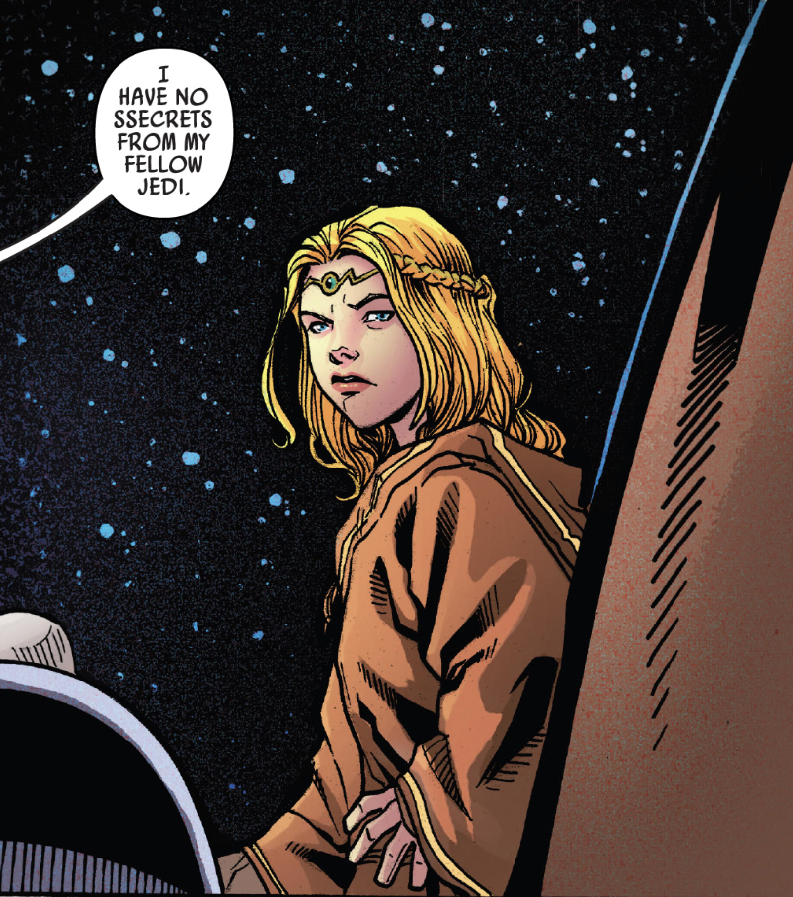 Avar Kriss in a Star Wars comic panel: "I have no secrets from my fellow Jedi."