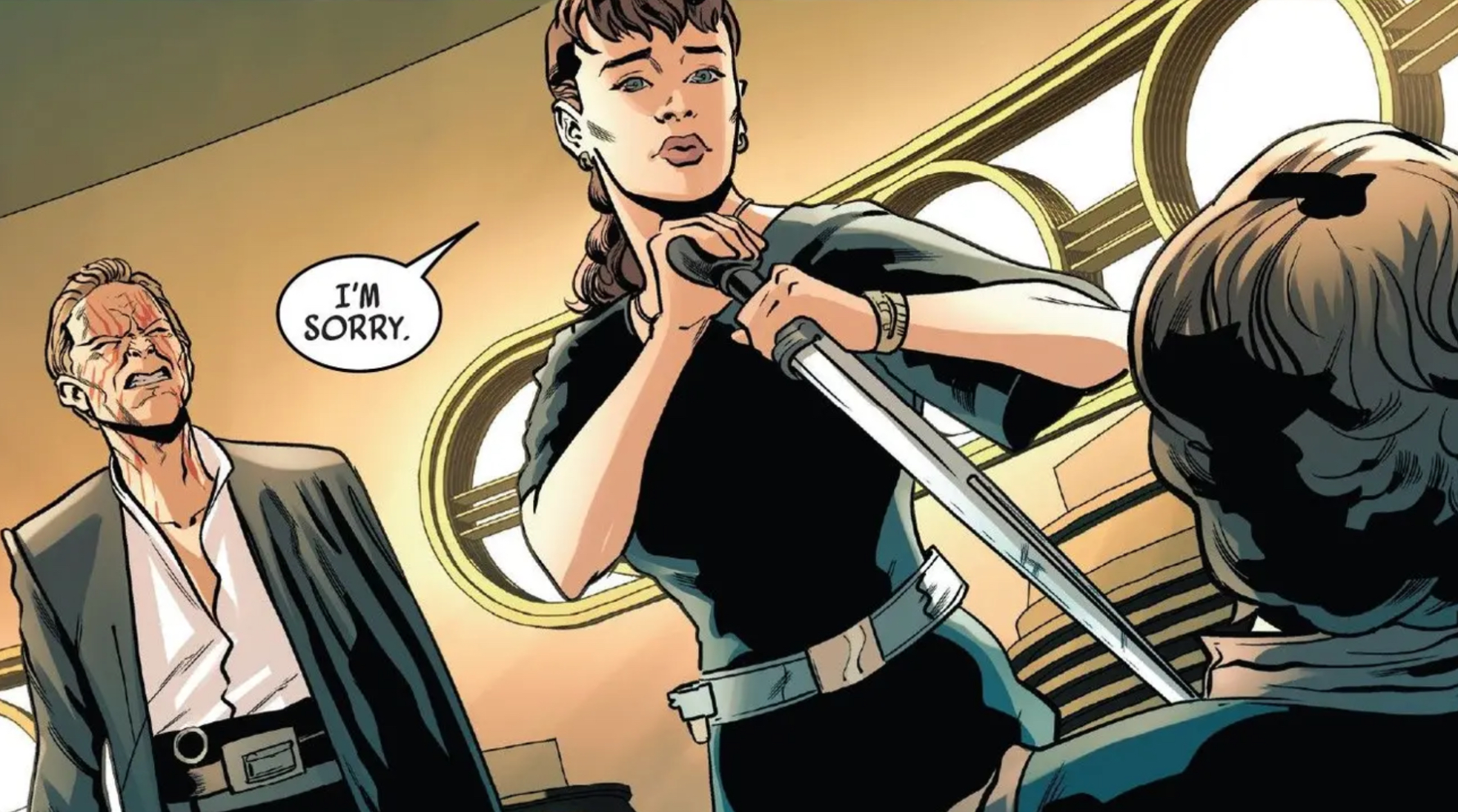 Qi'ra & Dryden Vos in a Star Wars comic panel: "I'm sorry."