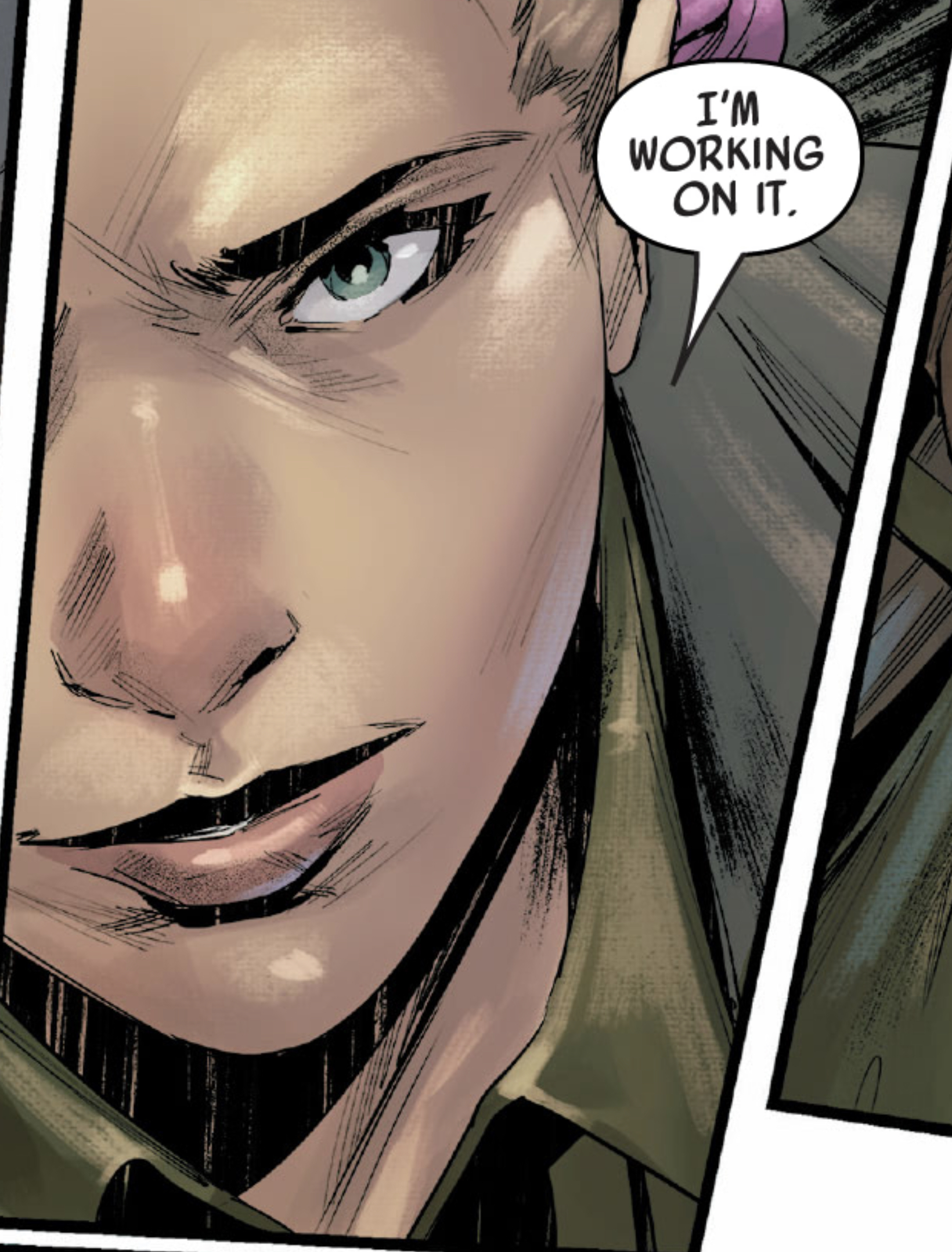 Qi'ra in a Star Wars comic panel: "I'm working on it."
