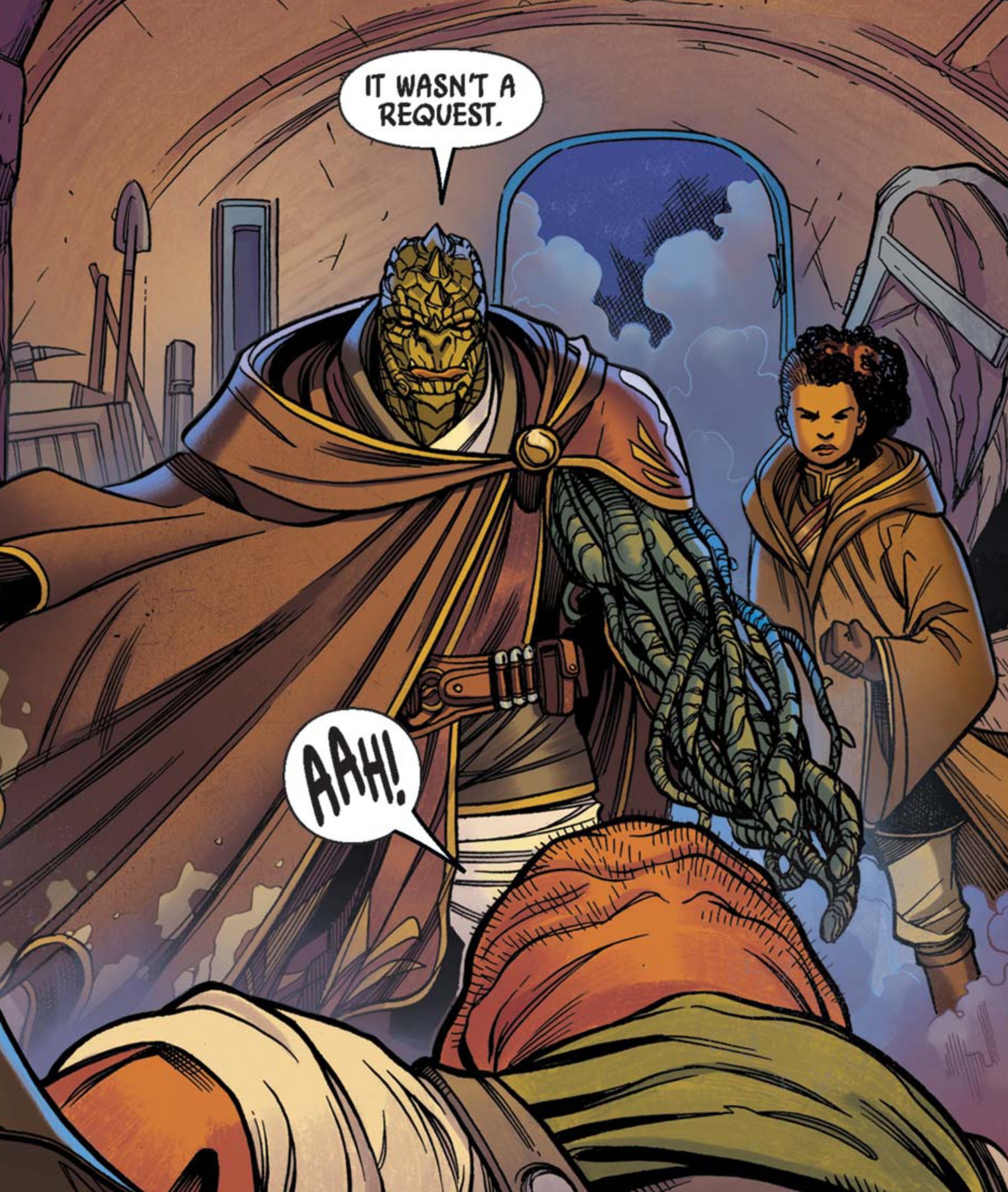 Sskeer & Keeve Trennis in a Star Wars comic panel: "It wasn't a request. Aah!"