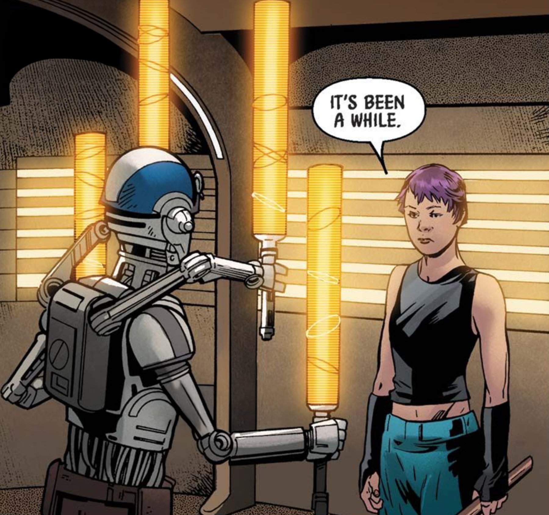 Sabine Wren & Huyang in a Star Wars comic panel: "It's been a while."