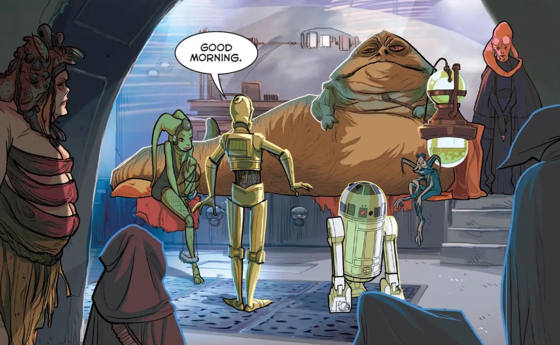 C-3PO & R2-D2 in a Star Wars comic panel: "Good morning."