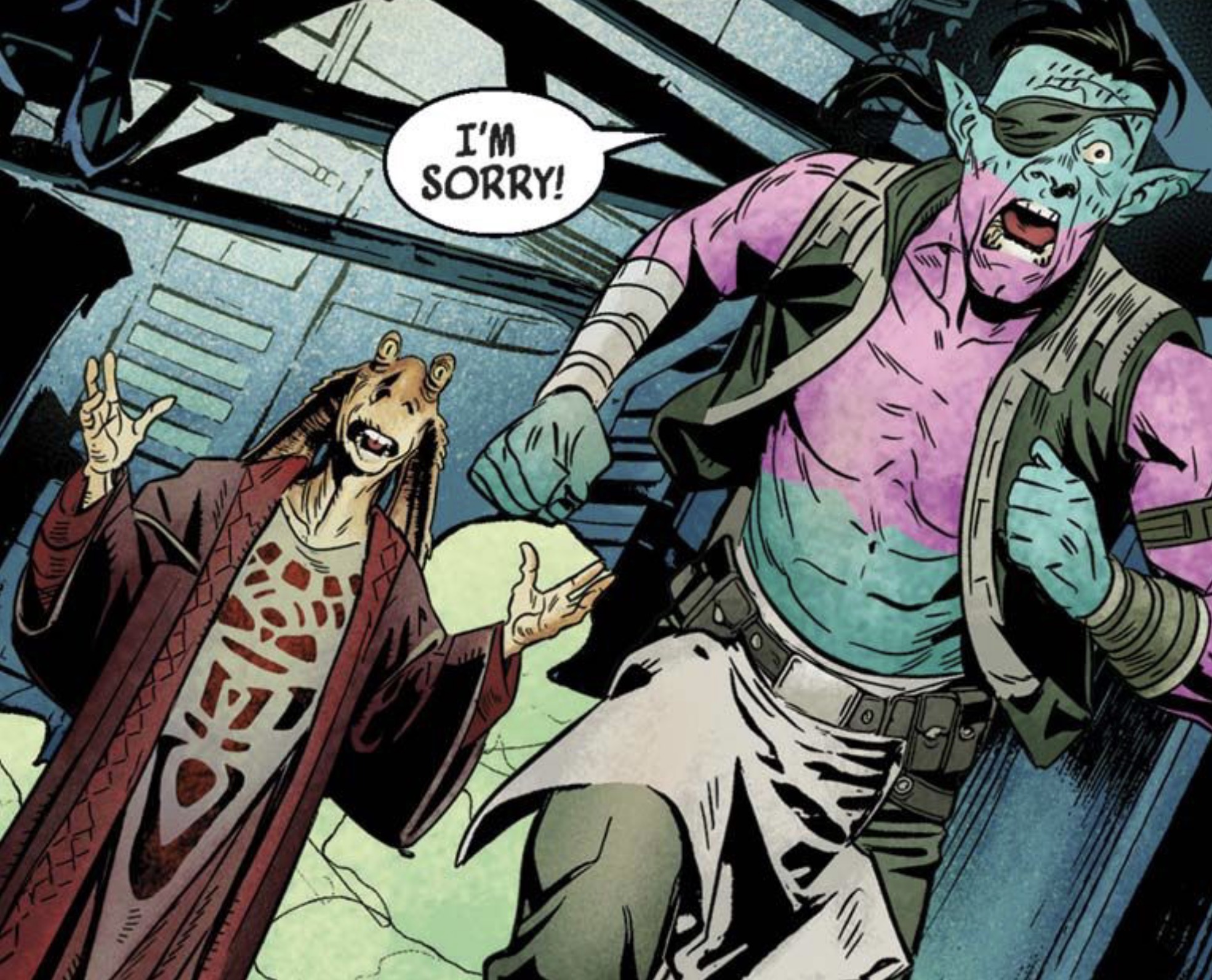 Jar Jar Binks in a Star Wars comic panel: "I'm sorry!"