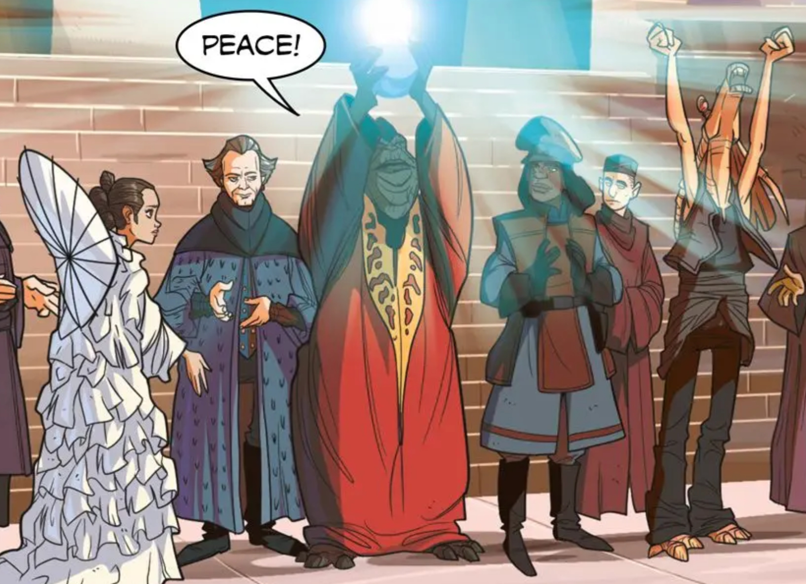 Padmé Amidala & Sio Bibble in a Star Wars comic panel: "Peace!"