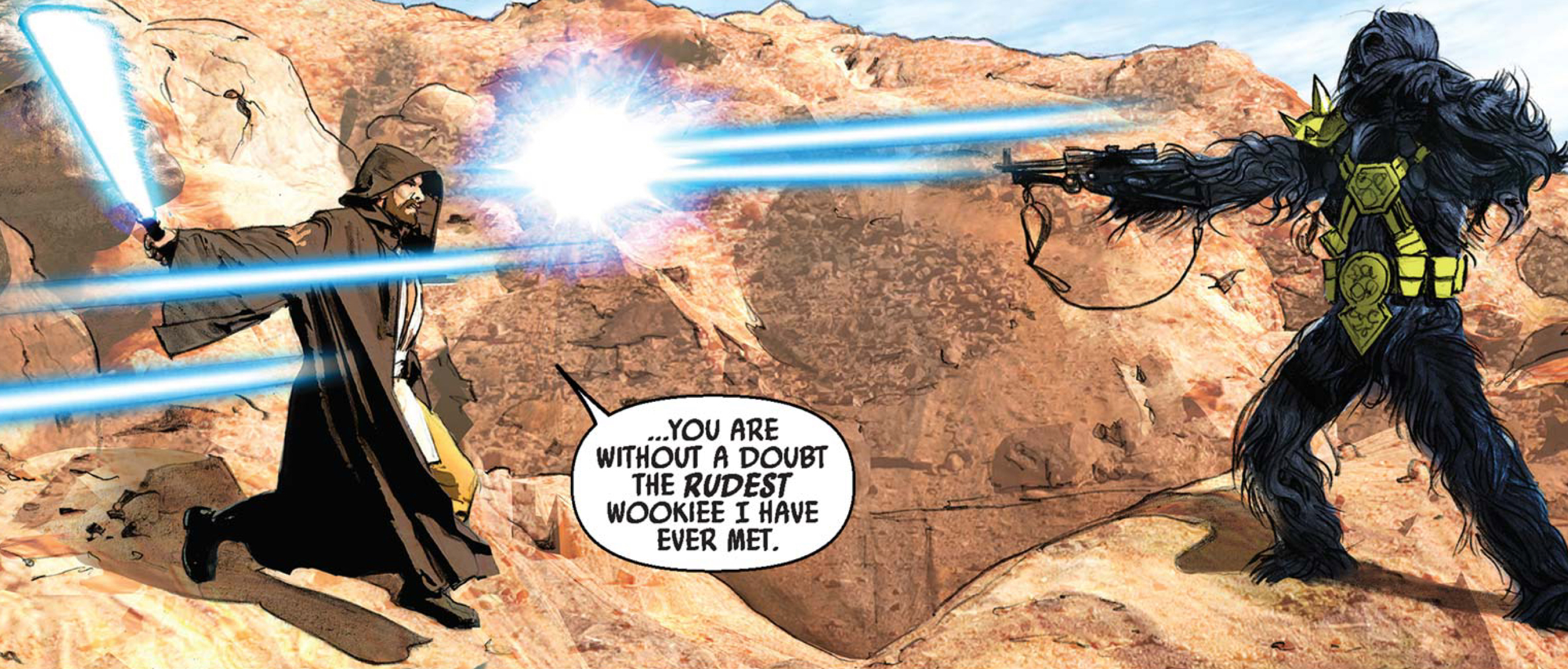 Obi-Wan Kenobi & Black Krrsantan in a Star Wars comic panel: "You are without a doubt the rudest Wookiee I have ever met."