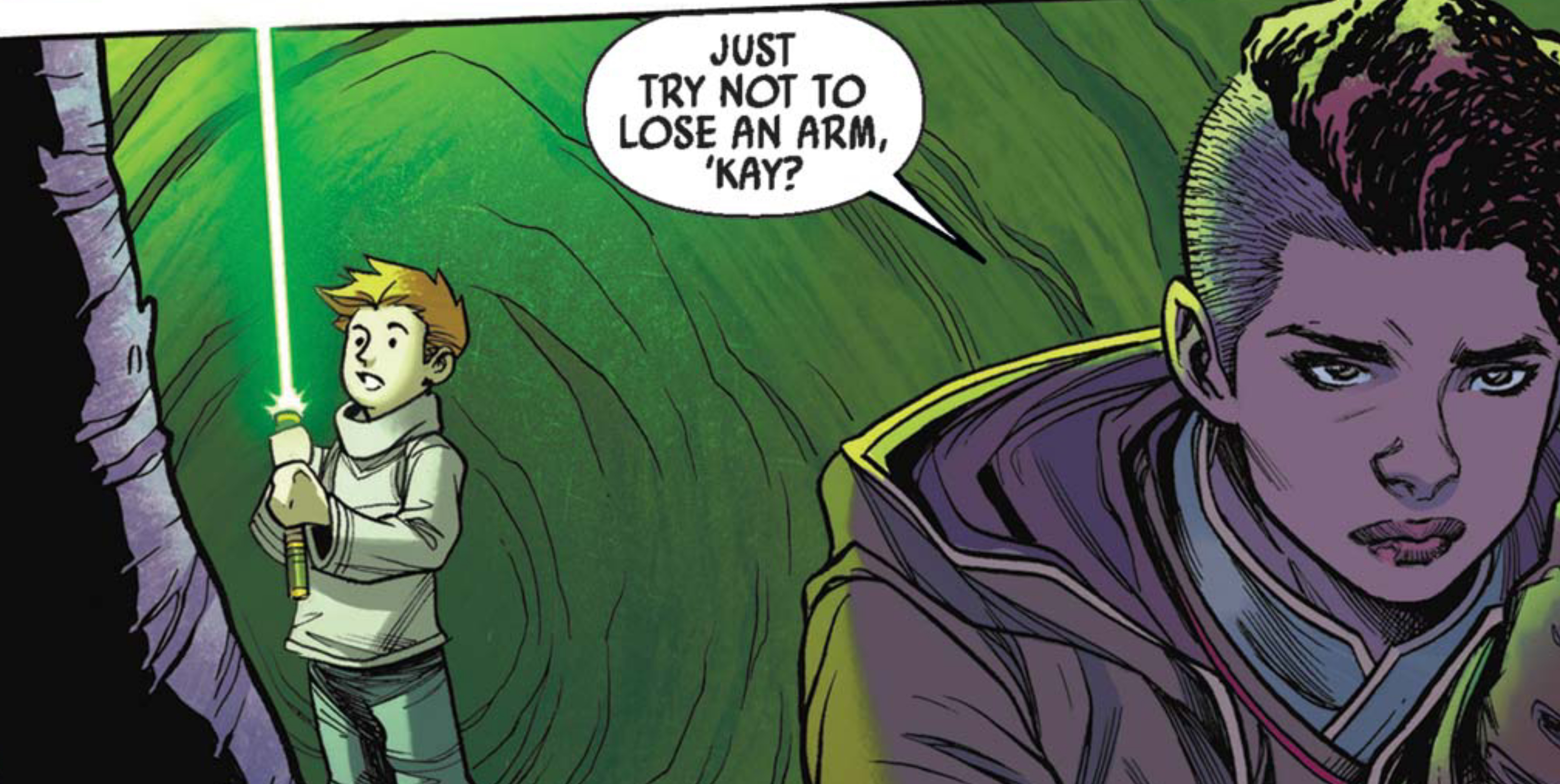 Keeve Trennis in a Star Wars comic panel: "Just try not to lose an arm, 'kay?"