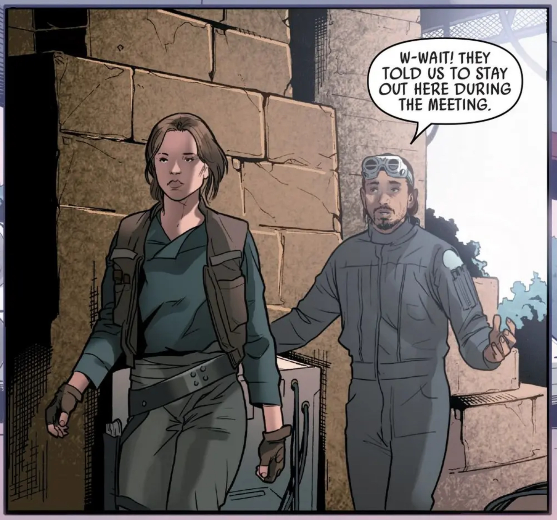 Jyn Erso & Bodhi Rook in a Star Wars comic panel: "W-wait! They told us to stay out here during the meeting."