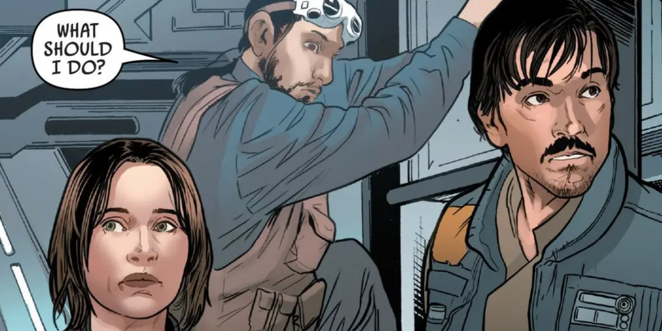 Jyn Erso & Bodhi Rook in a Star Wars comic panel: "What should I do?"