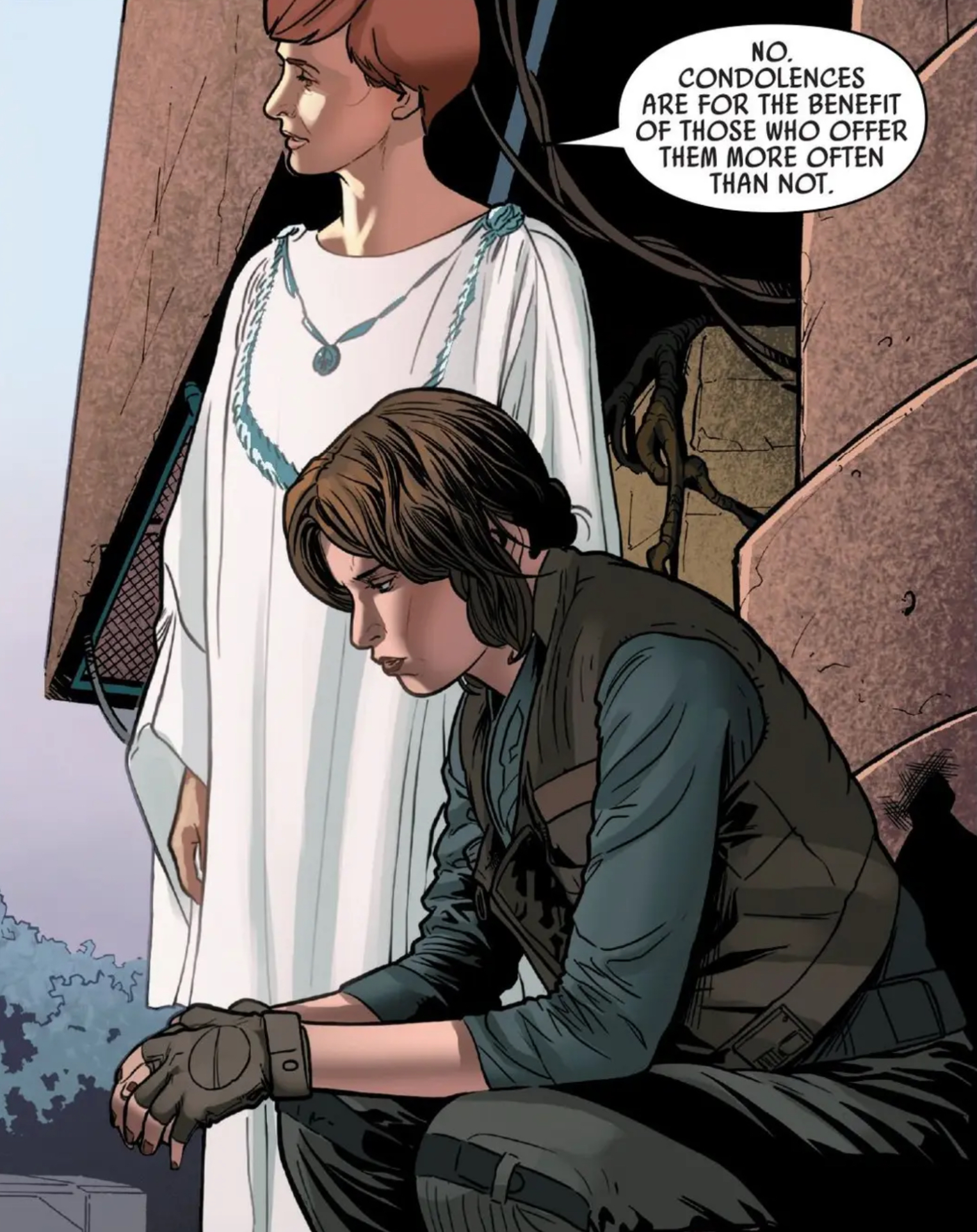 Mon Mothma & Leia Organa in a Star Wars comic panel: "No. Condolences are for the benefit of those who offer them more often than not."