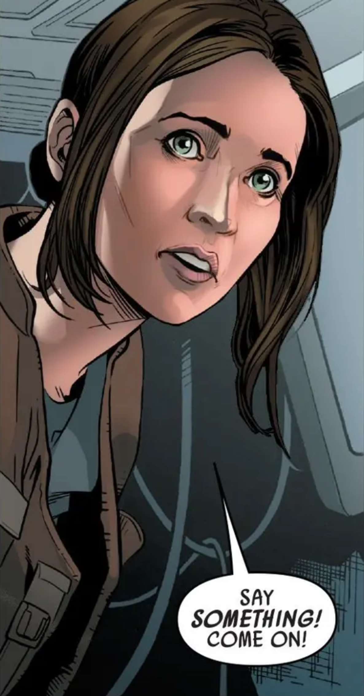 Jyn Erso in a Star Wars comic panel: "Say something! Come on!"