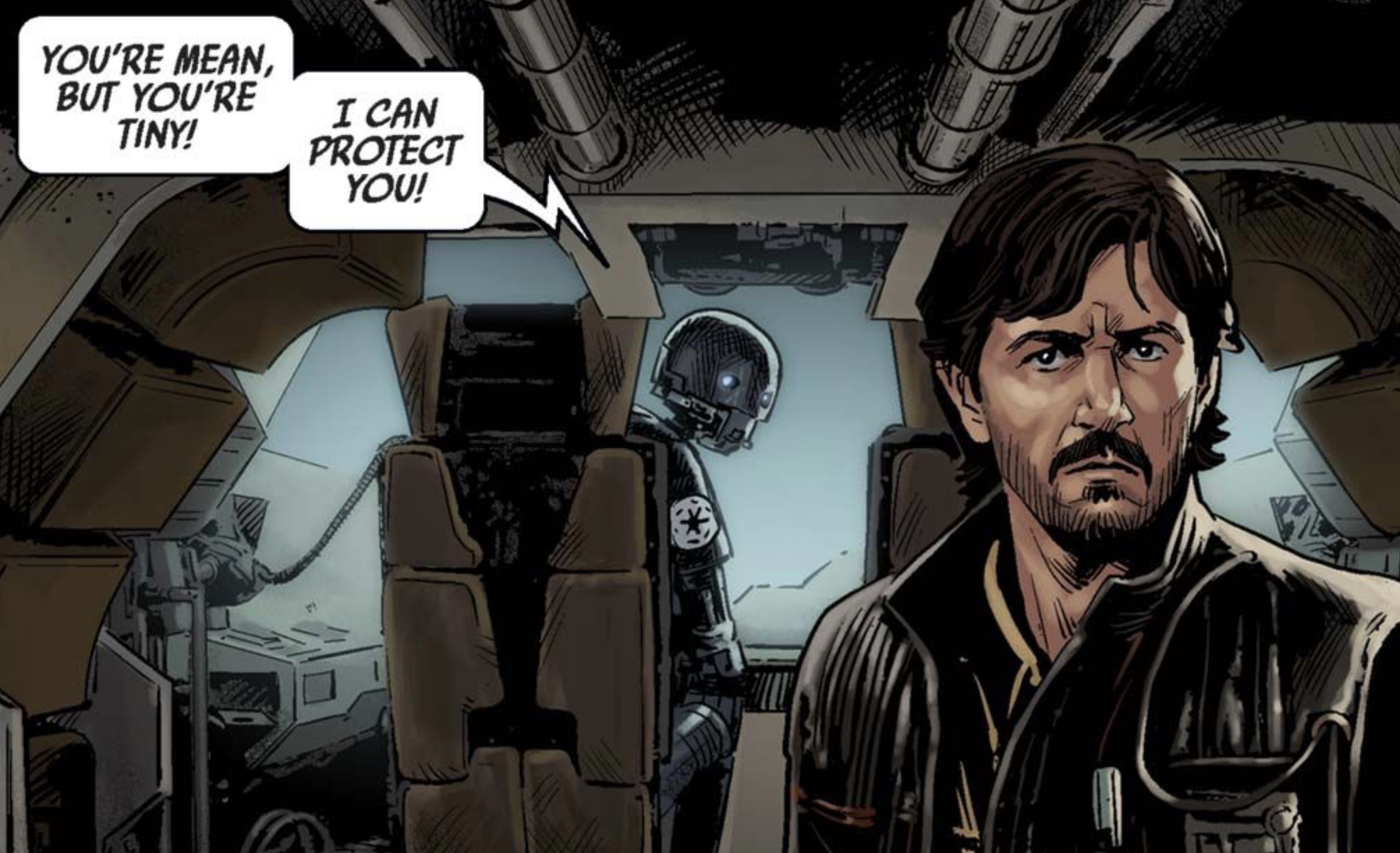 Cassian Andor & K-2SO in a Star Wars comic panel: "You're mean, but you're tiny! I can protect you!"
