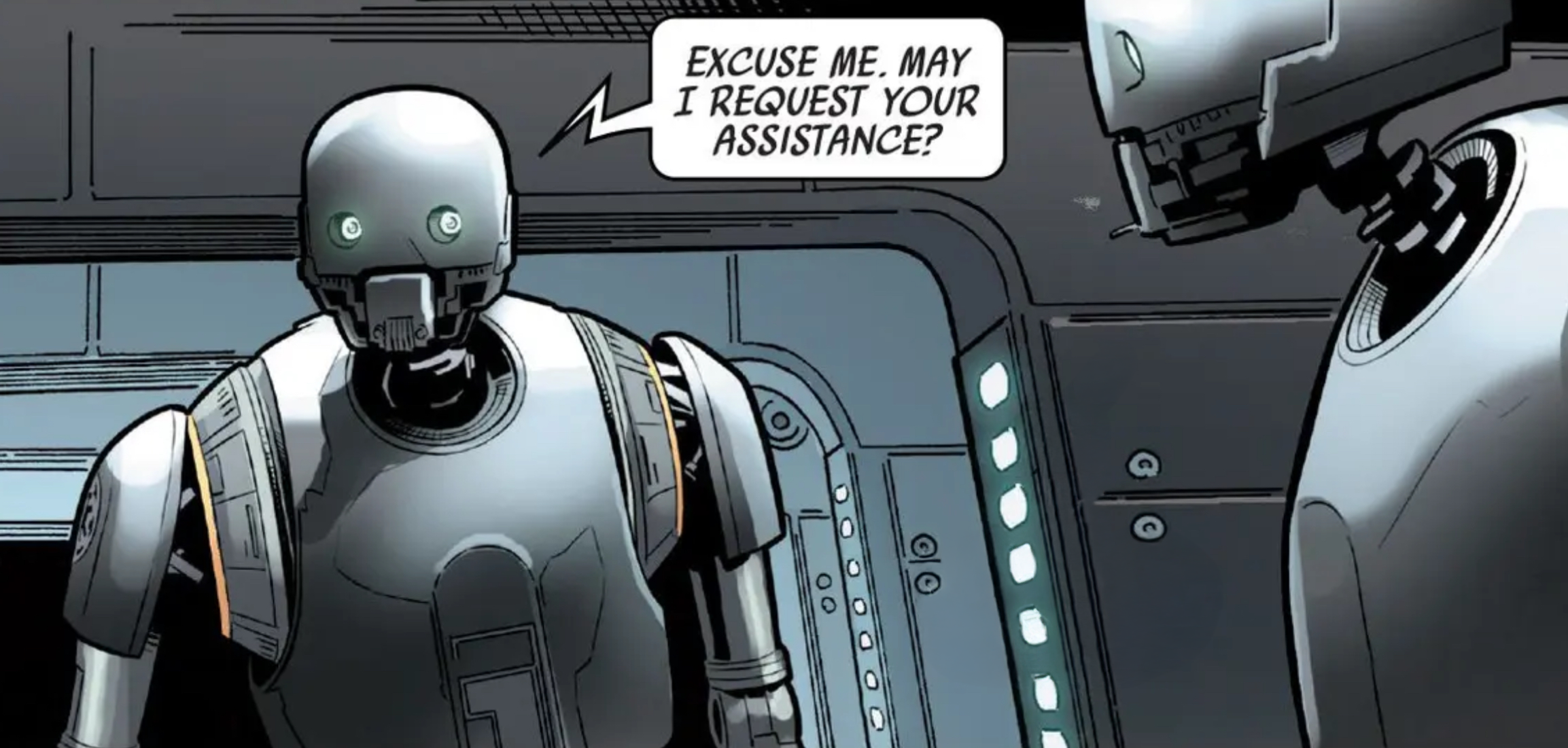 K-2SO in a Star Wars comic panel: "Excuse me. May I request your assistance?"
