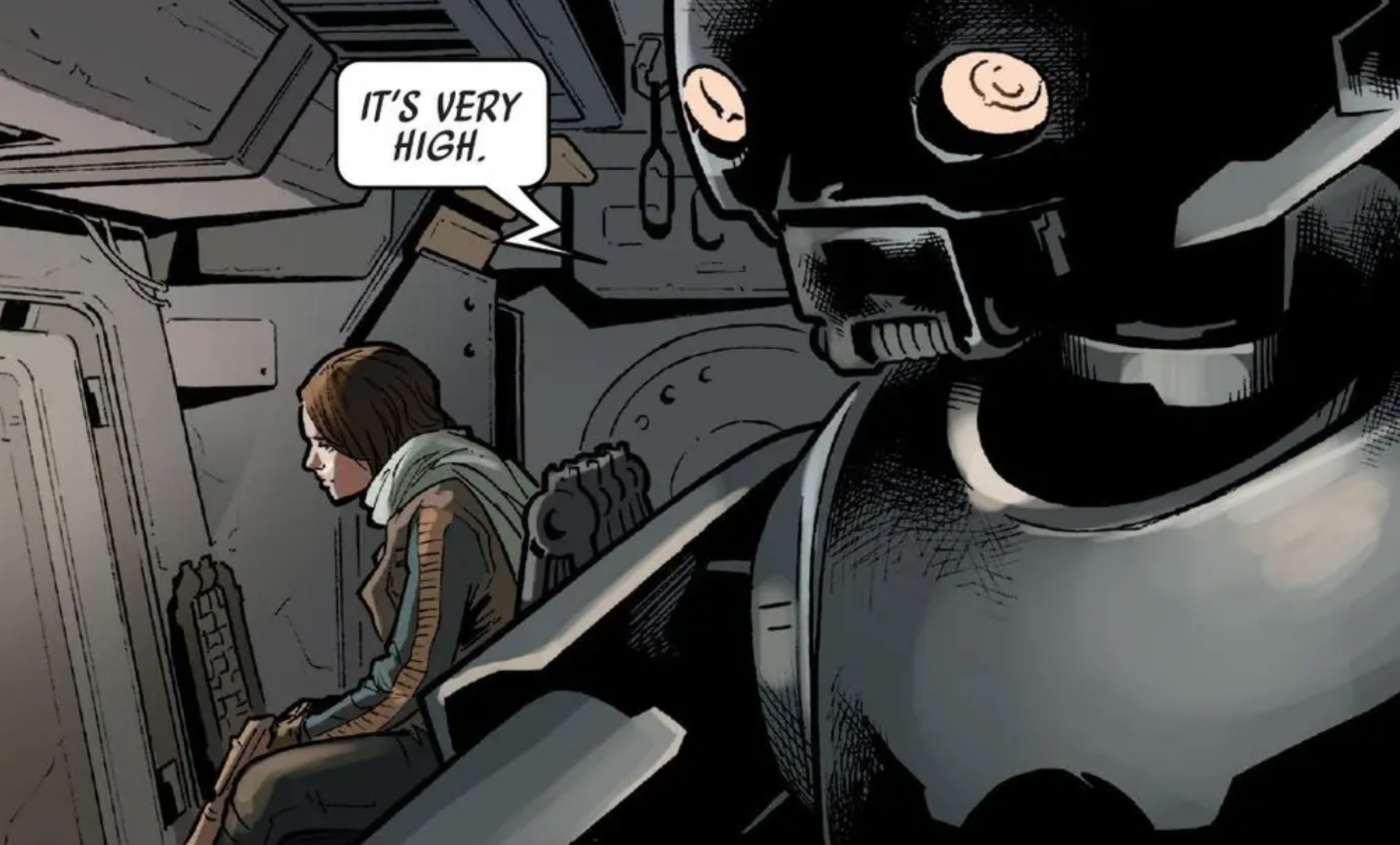 K-2SO & Jyn Erso in a Star Wars comic panel: "It's very high."
