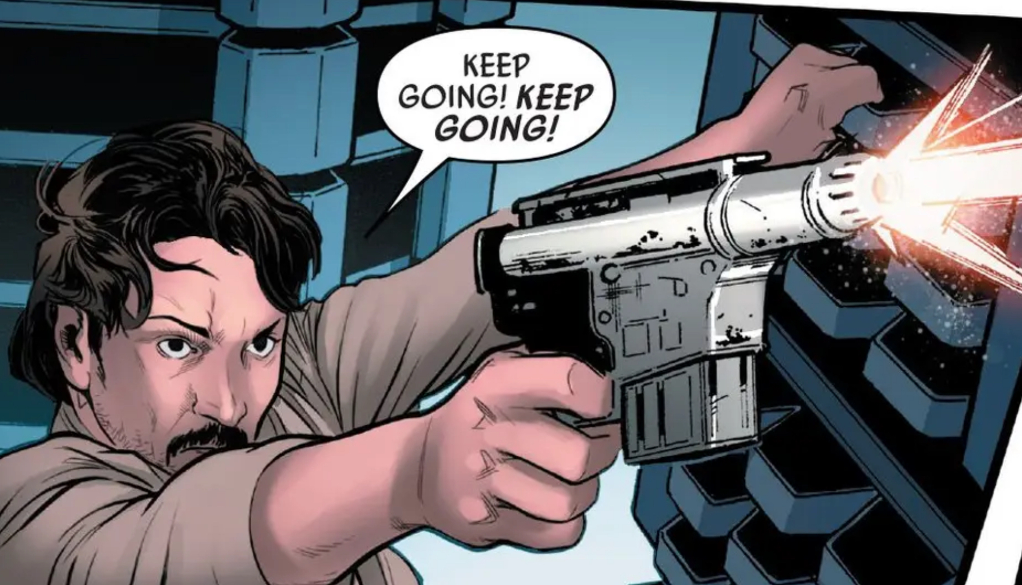Cassian Andor in a Star Wars comic panel: "Keep going! Keep going!"