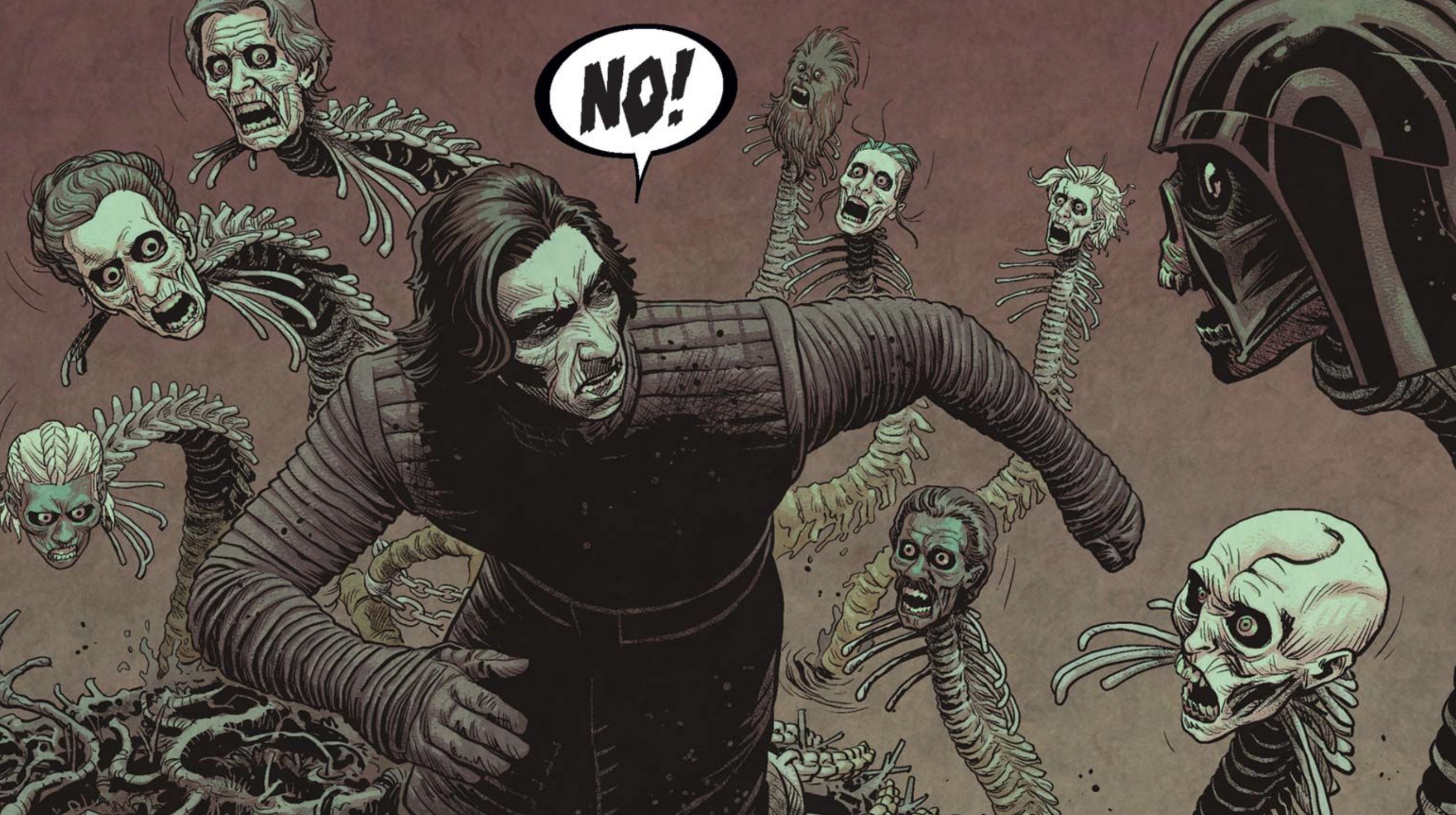 Kylo Ren & Chewbacca in a Star Wars comic panel: "No!"