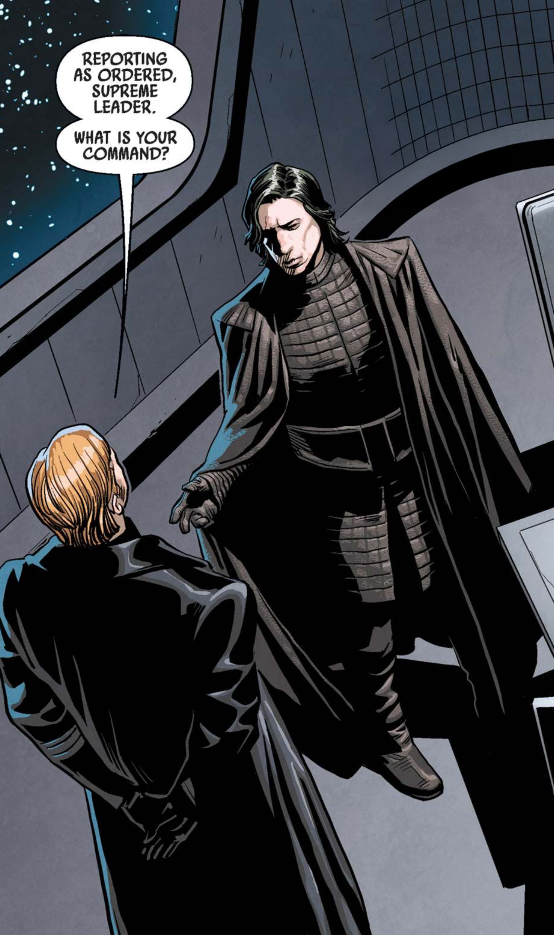 Kylo Ren & Armitage Hux in a Star Wars comic panel: "Reporting as ordered, Supreme Leader. What is your command?"