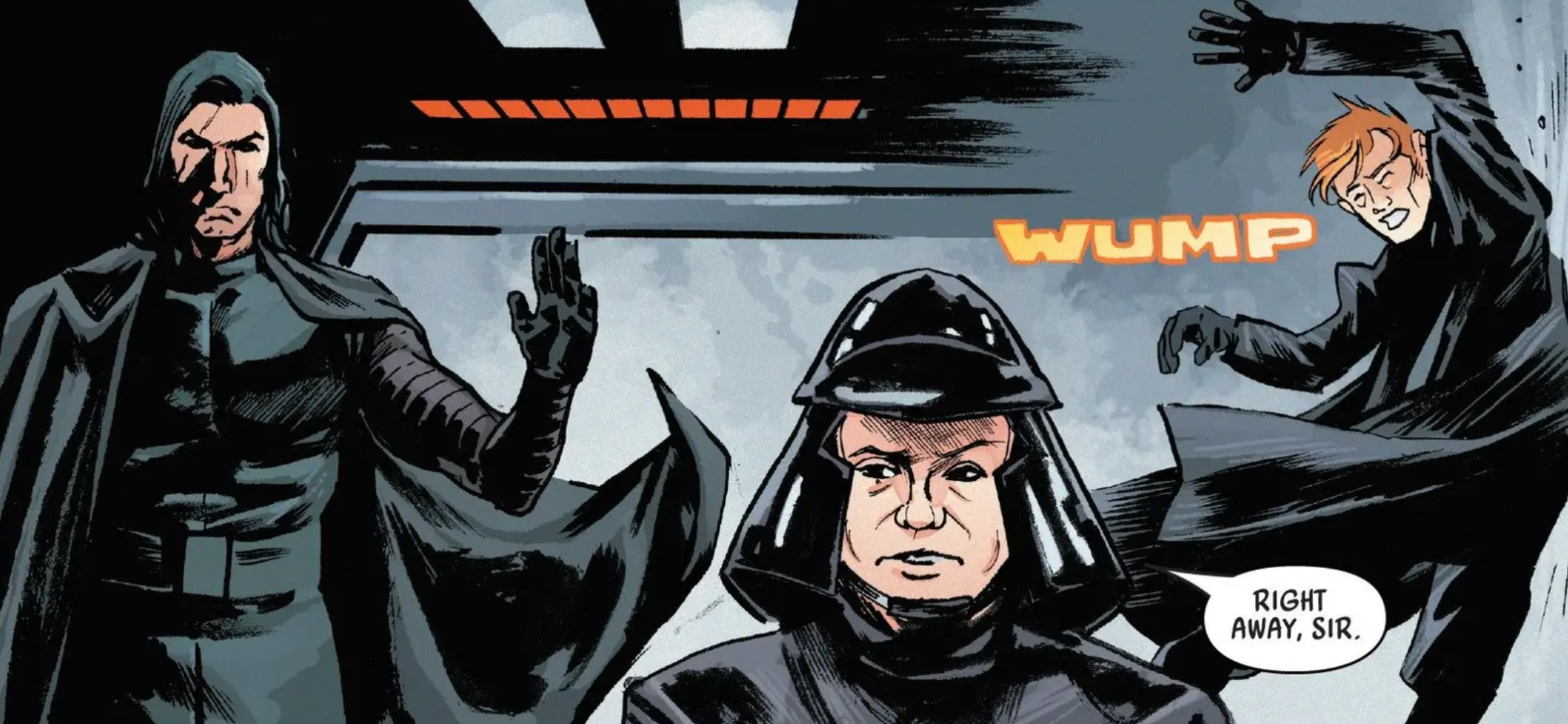 Kylo Ren & General Armitage Hux in a Star Wars comic panel: "Right away, sir."