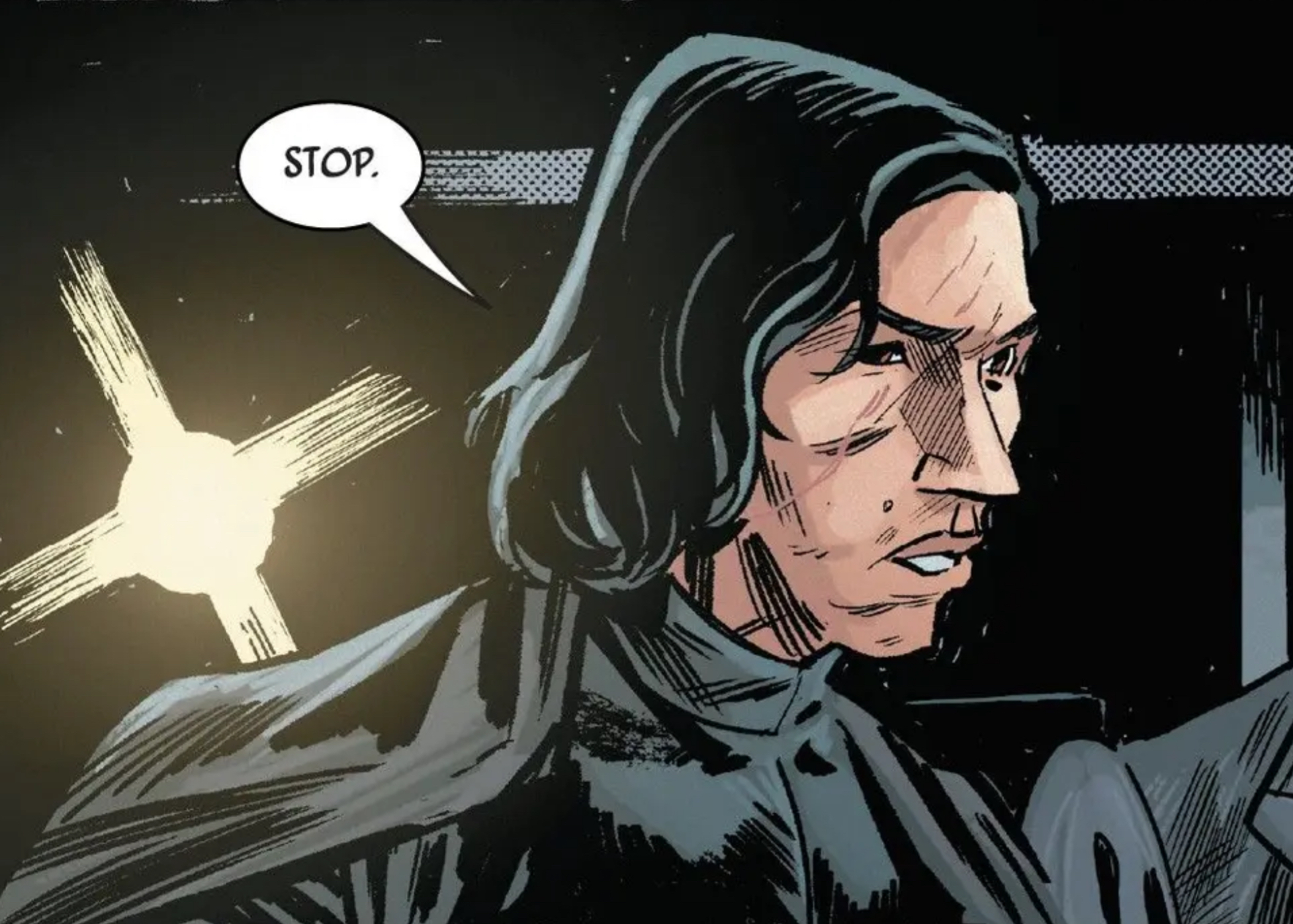 Kylo Ren in a Star Wars comic panel: "Stop."