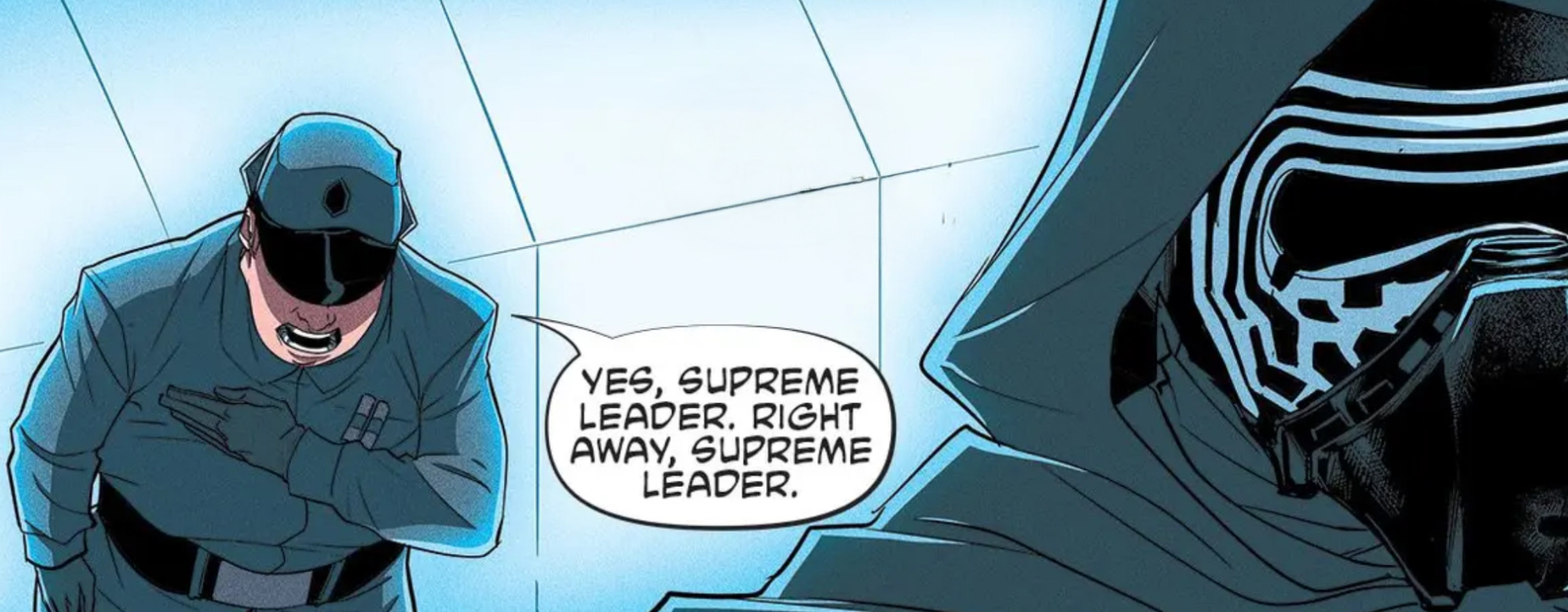 Kylo Ren in a Star Wars comic panel: "Yes, Supreme Leader. Right away, Supreme Leader."