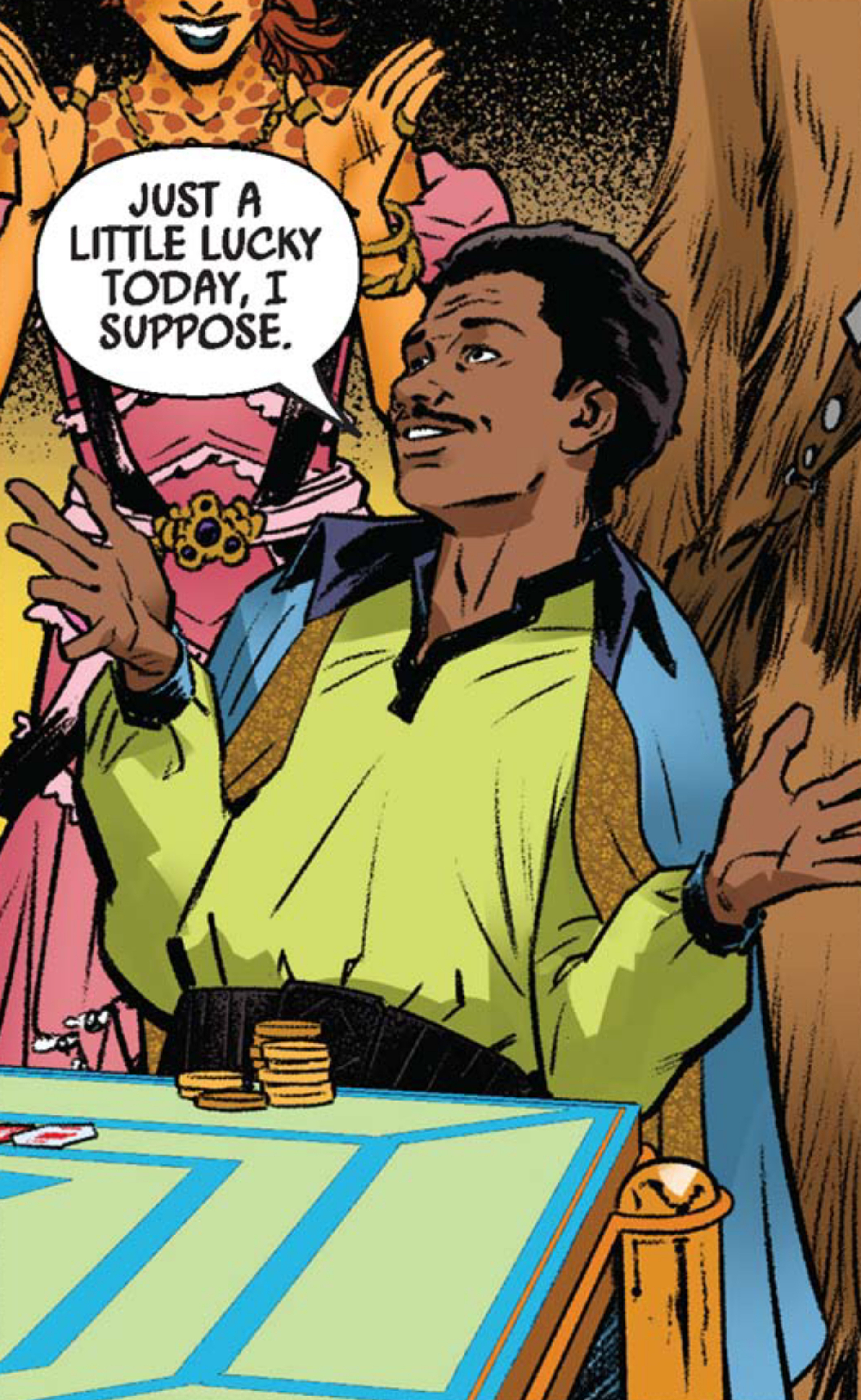Lando Calrissian & Chewbacca in a Star Wars comic panel: "Just a little lucky today, I suppose."