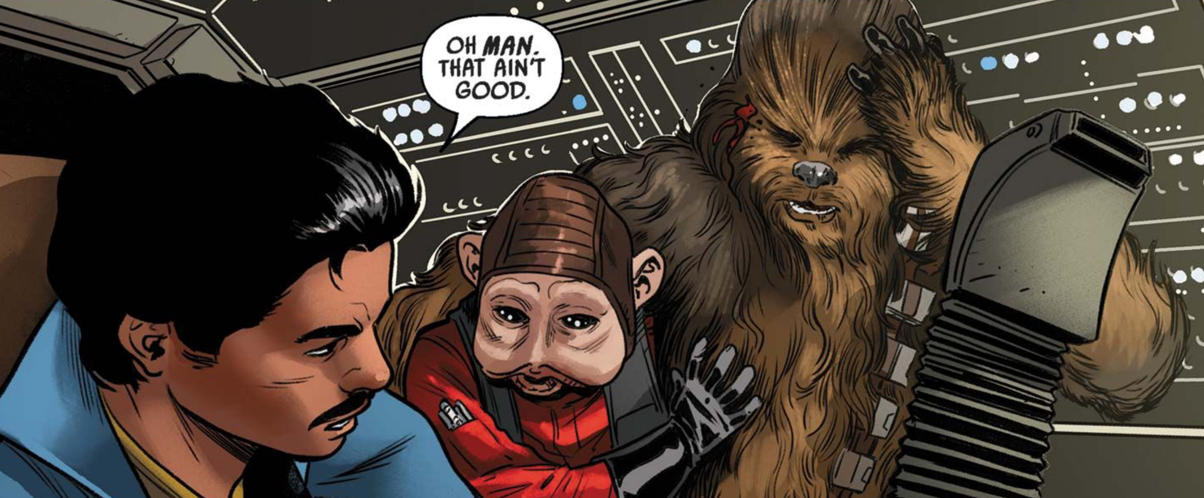 Lando Calrissian & Nien Nunb in a Star Wars comic panel: "Oh man, that ain't good."
