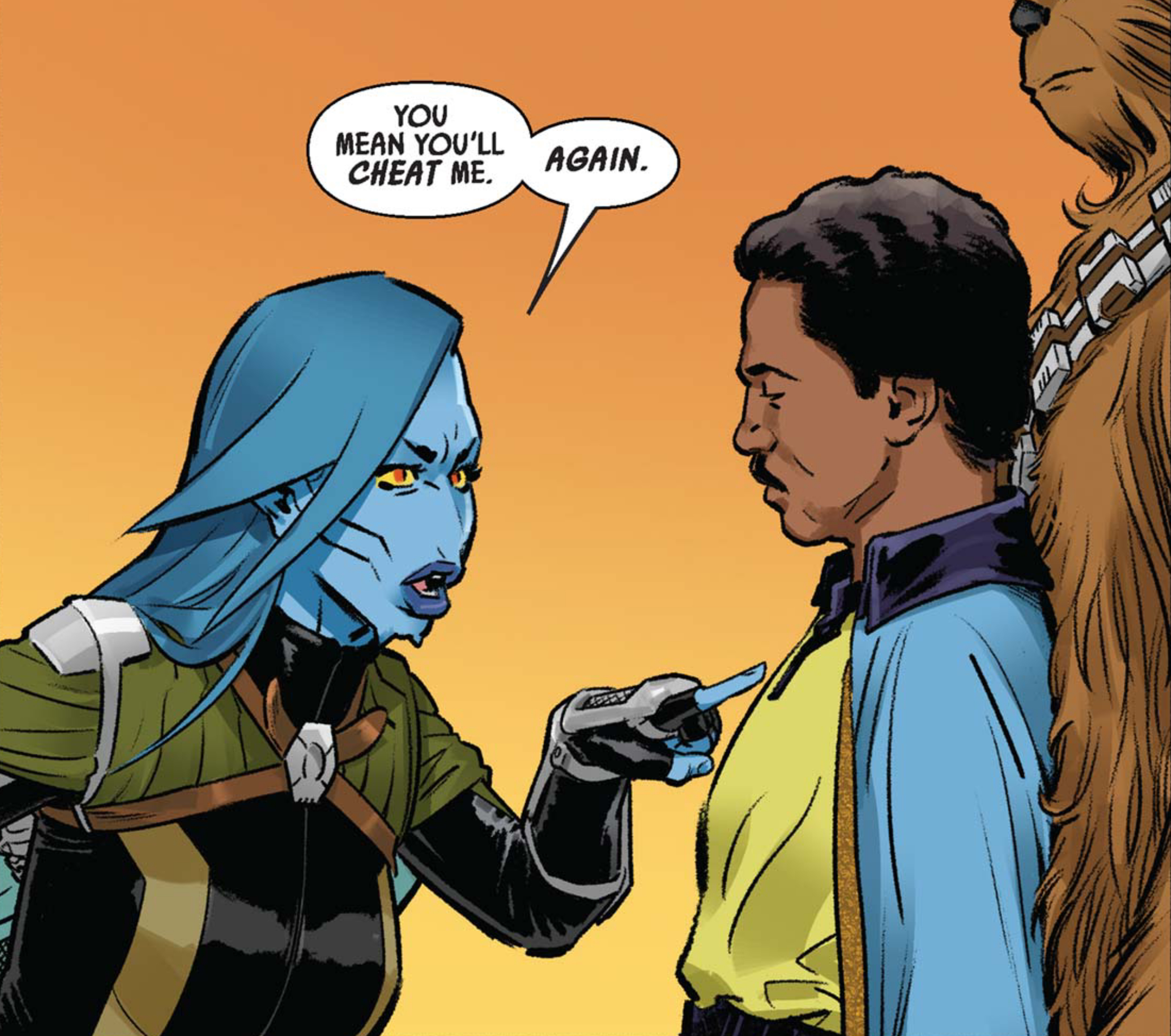 Lando Calrissian & Chewbacca in a Star Wars comic panel: "You mean you'll cheat me. Again."