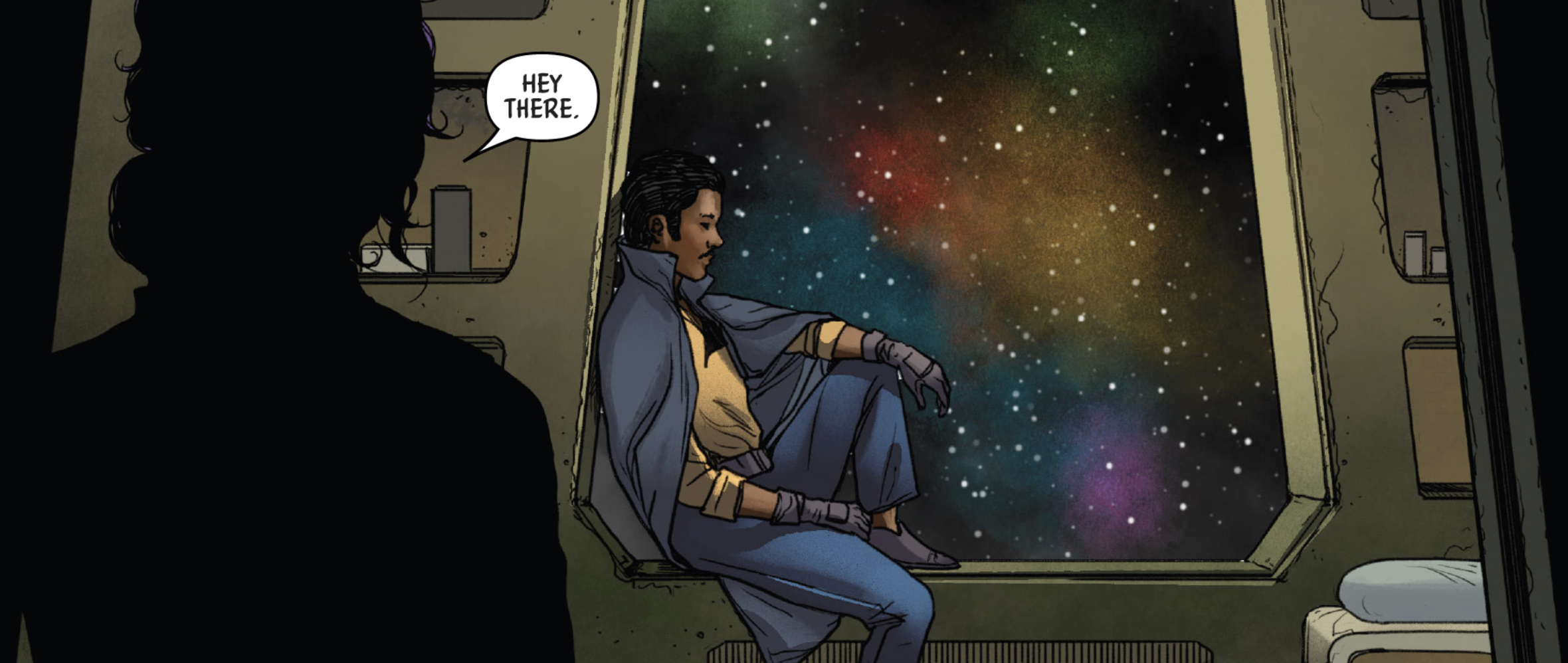 Lando Calrissian in a Star Wars comic panel: "Hey there."
