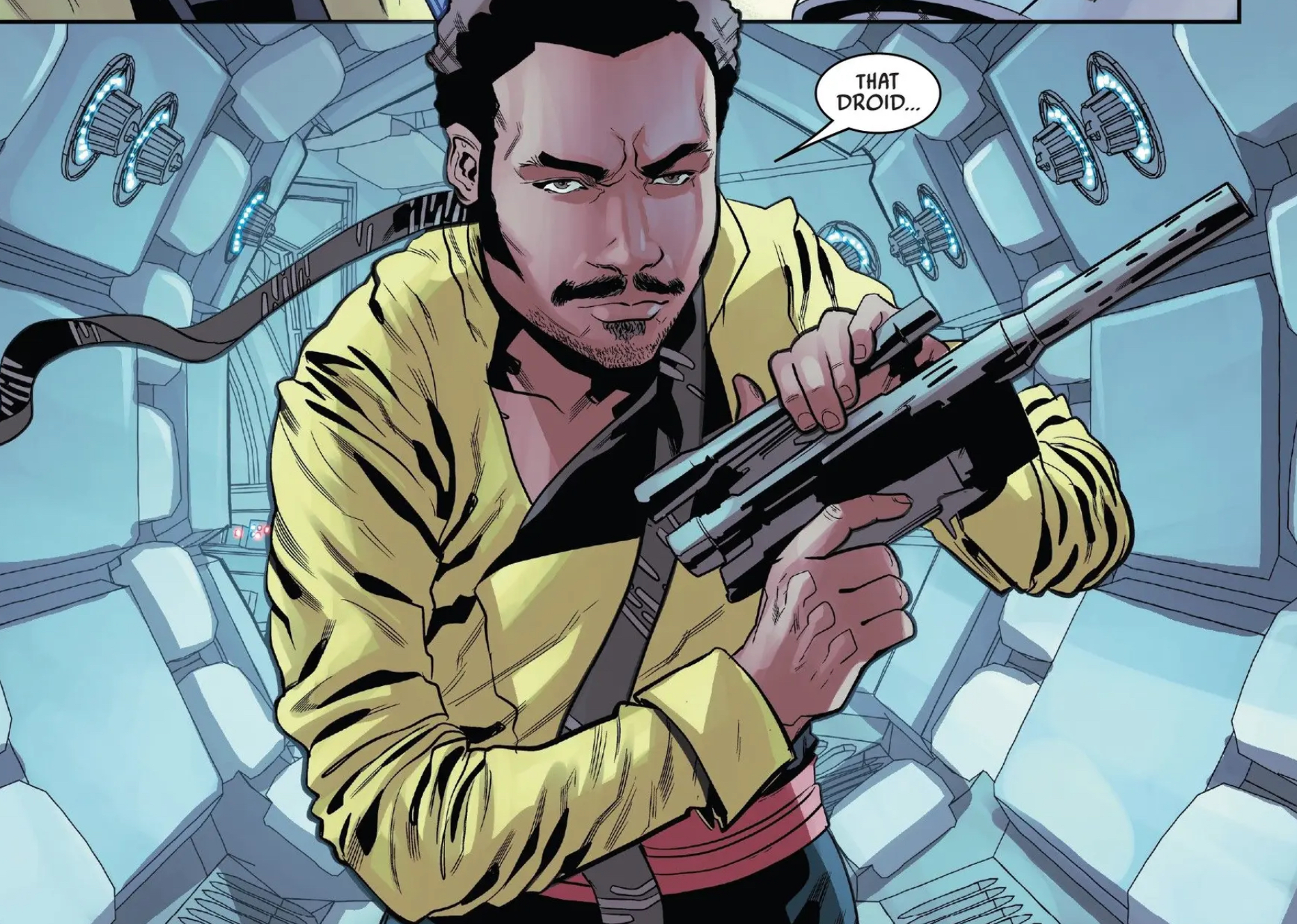 Lando Calrissian in a Star Wars comic panel: "That droid..."