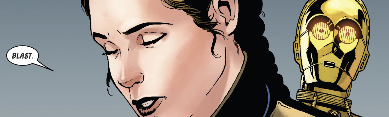 Leia Organa & C-3PO in a Star Wars comic panel: "Blast."