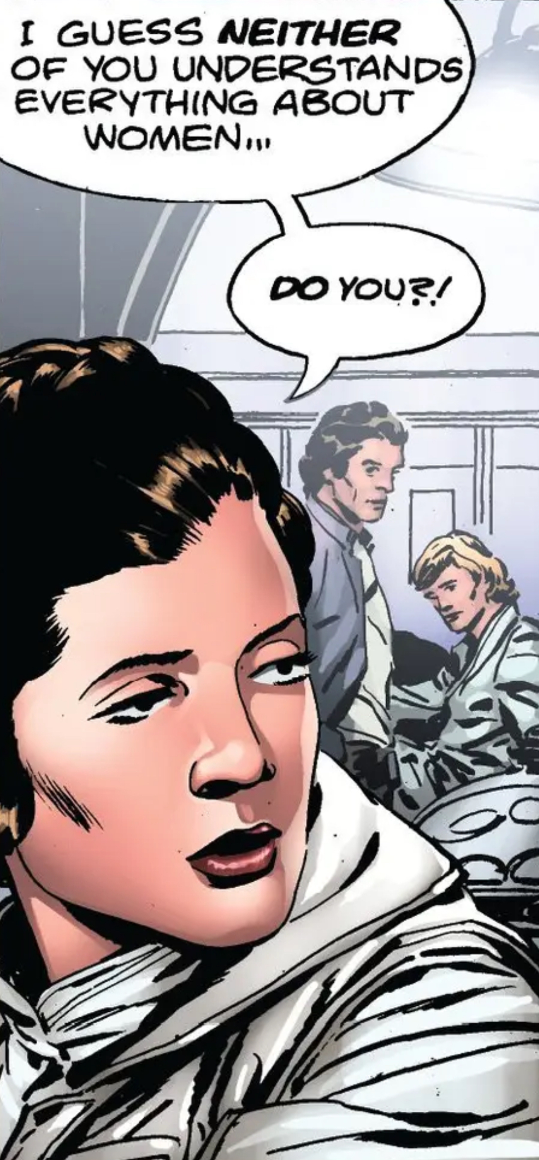 Leia Organa & Han Solo in a Star Wars comic panel: "I guess neither of you understands everything about women. Do you?!"